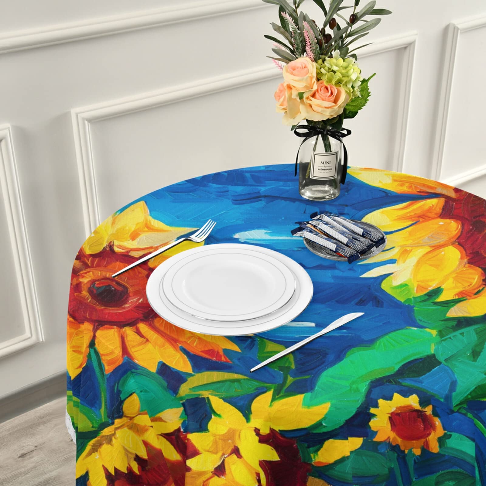 Van Gogh Sunflower Oil Painting Style Tablecloth - 60 Inch Round Washable Polyester Table Cover for Kitchen, Dining, Wedding, Party & Banquet | Reusable & Durable for Everyday Use & Special Occasions