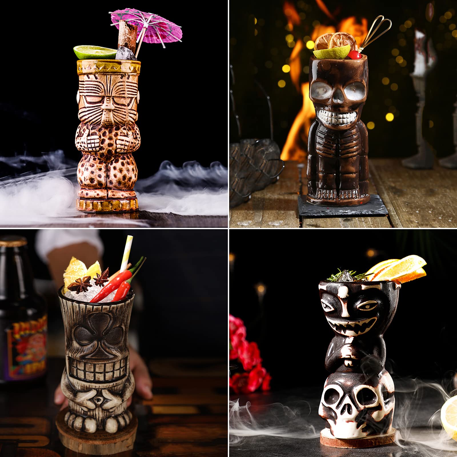 Premium 8-Piece Tiki Bar Glasses Set - Exotic Cocktail Mugs for Tropical Drinks, Hawaiian Themed Party Cups - Perfect for Luau Parties, Beach Bars & Summer Entertaining