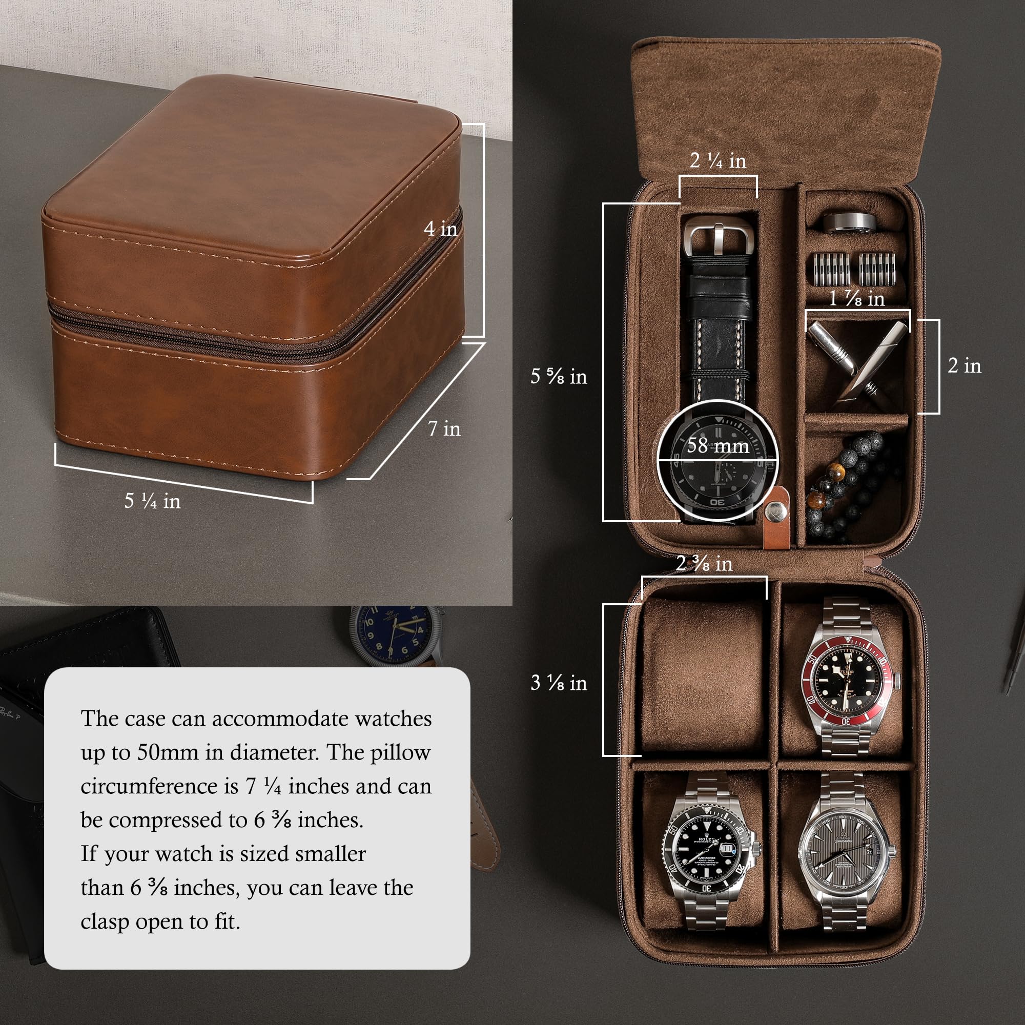 ROTHWELL 5 Watch Travel Case Organizer - Durable Zippered Storage for Men & Women | Fits Wristwatches & Smartwatches Up to 50mm | Portable Watch Box for Business Travel, Vacation & Daily Use (Tan/Brown)