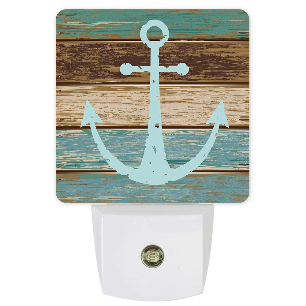 LED Night Light Plug in with Light Sensor - Nautical Anchor Rustic Wood Design in Teal Green & Brown - Perfect for Bedroom, Nursery, Kids Room, Hallway & Bathroom Night Lighting