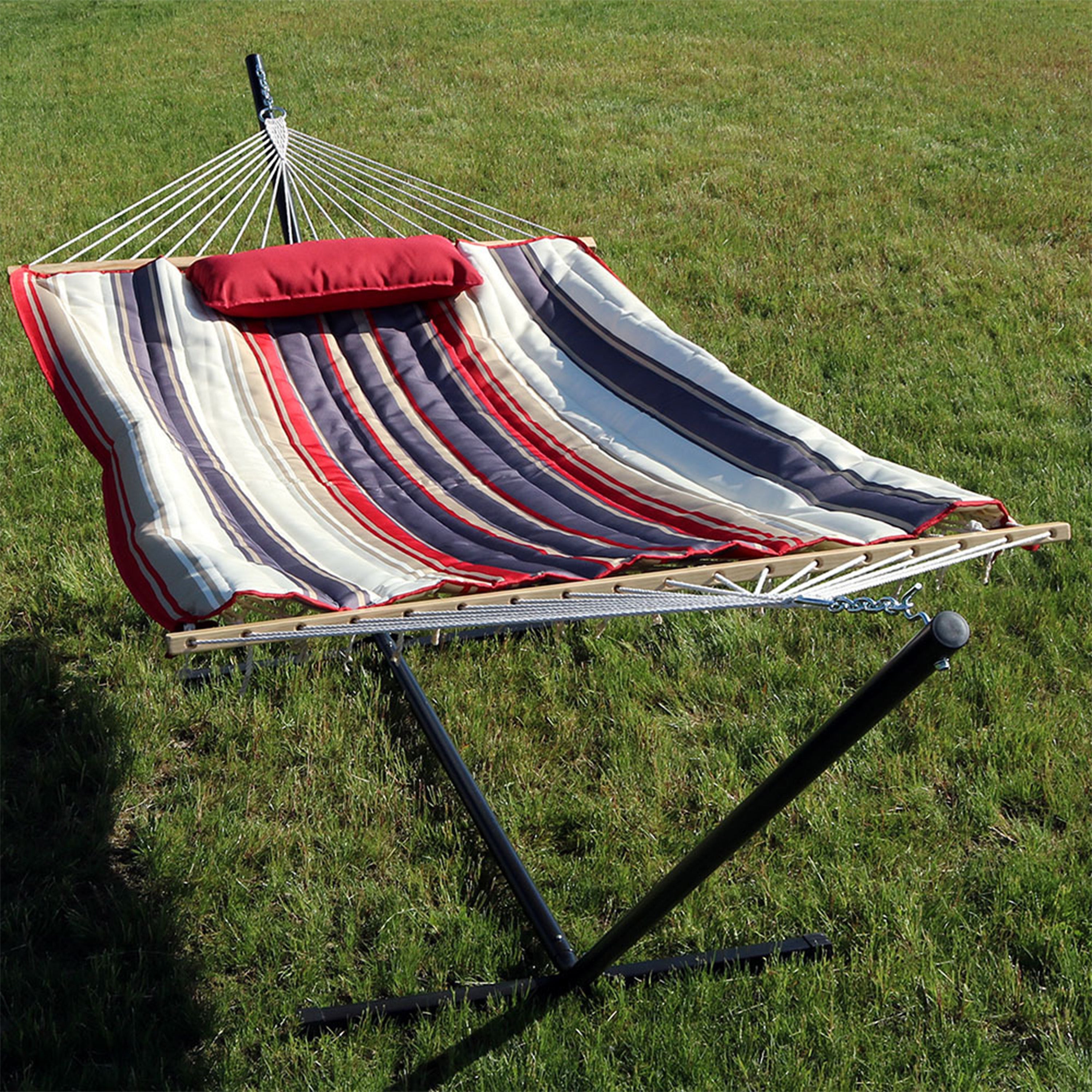 Premium Sunnydaze Rope Hammock with 12-Foot Steel Stand, Comfortable Pad & Pillow - Perfect for Backyard Relaxation, Beach Lounging & Outdoor Camping