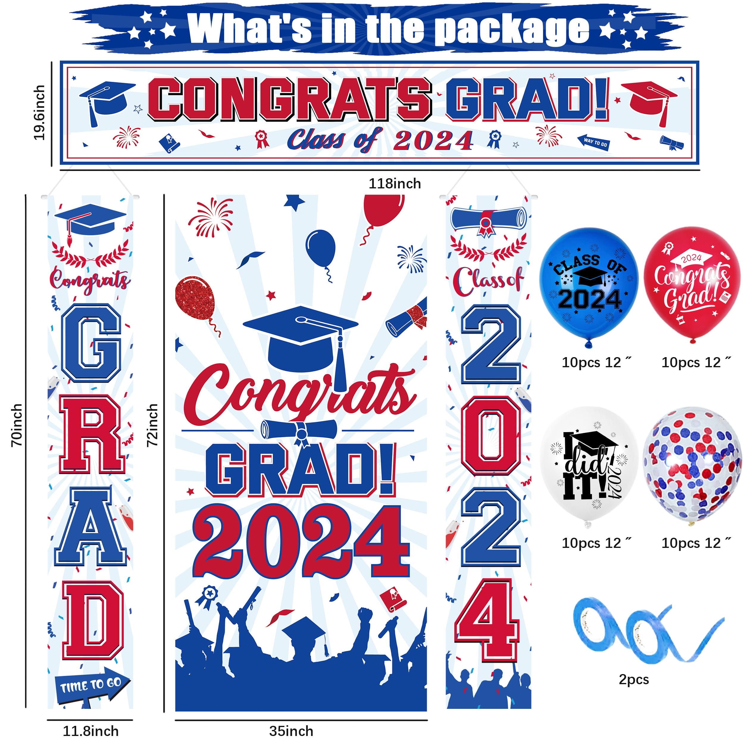 2024 Graduation Decorations - Red, White & Blue Graduation Banner for High School & College Parties | Class of 2024 Party Supplies | Perfect for Graduation Ceremonies, Photo Backdrops & Celebration Decor
