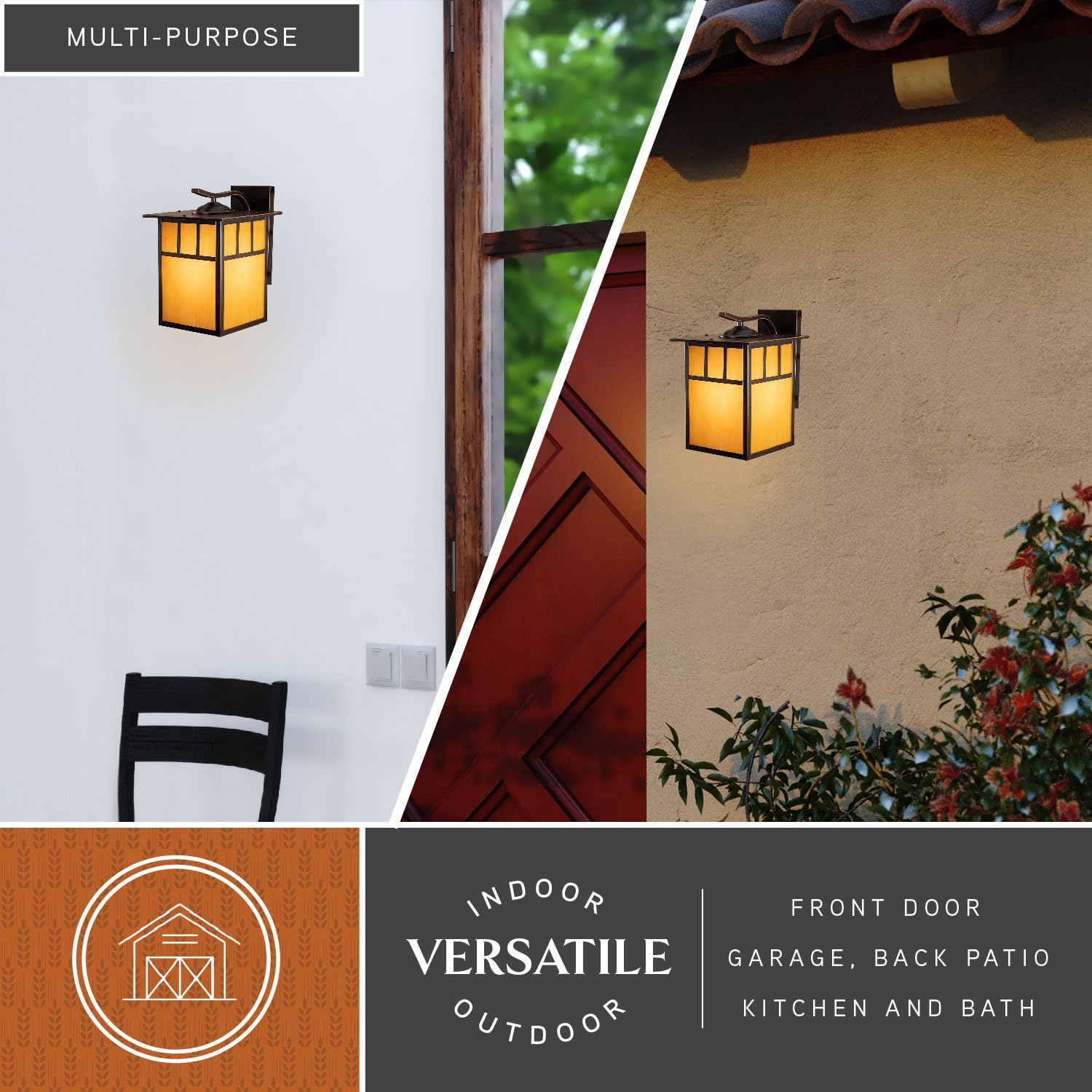 VAXCEL Mission 1-Light Bronze Rectangle Outdoor Wall Lantern with Honey Glass - Perfect for Porch, Patio, Garden & Entryway Lighting