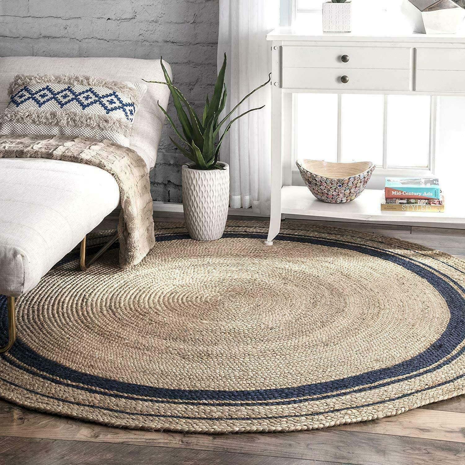 Handwoven Jute Area Rug - Natural Braided Round Rug for Bedroom, Kitchen, Living Room & Farmhouse Decor (7x7 Feet, Black Border) - Perfect for Boho, Coastal & Rustic Home Styles