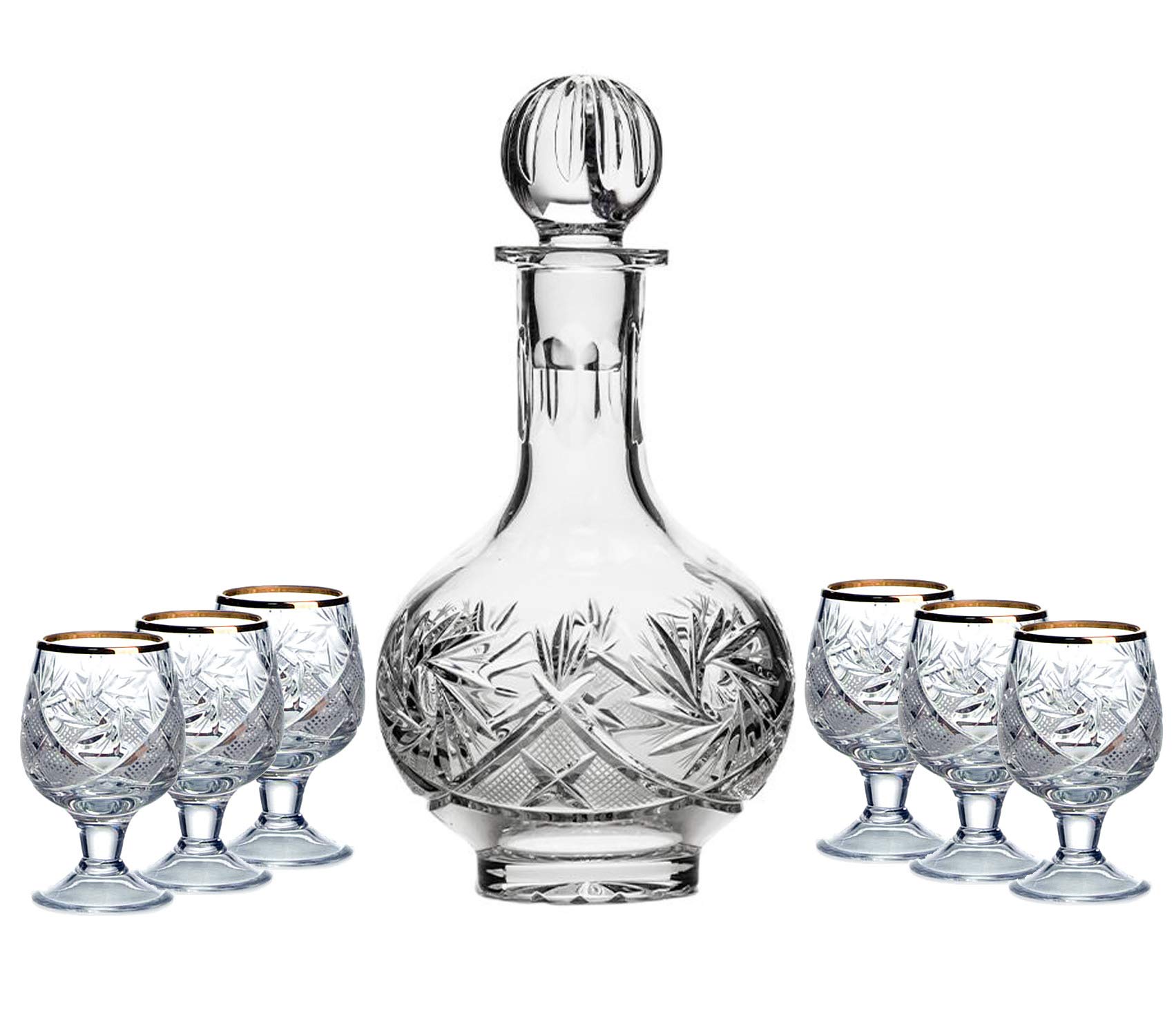 Premium 7-Piece Russian Crystal Vintage Vodka Set - 16-Oz Elegant Decanter Carafe with 6 Matching Shot Glasses - Classic Old-Fashioned Barware for Home Entertaining, Gifts & Cocktail Parties (5290G)