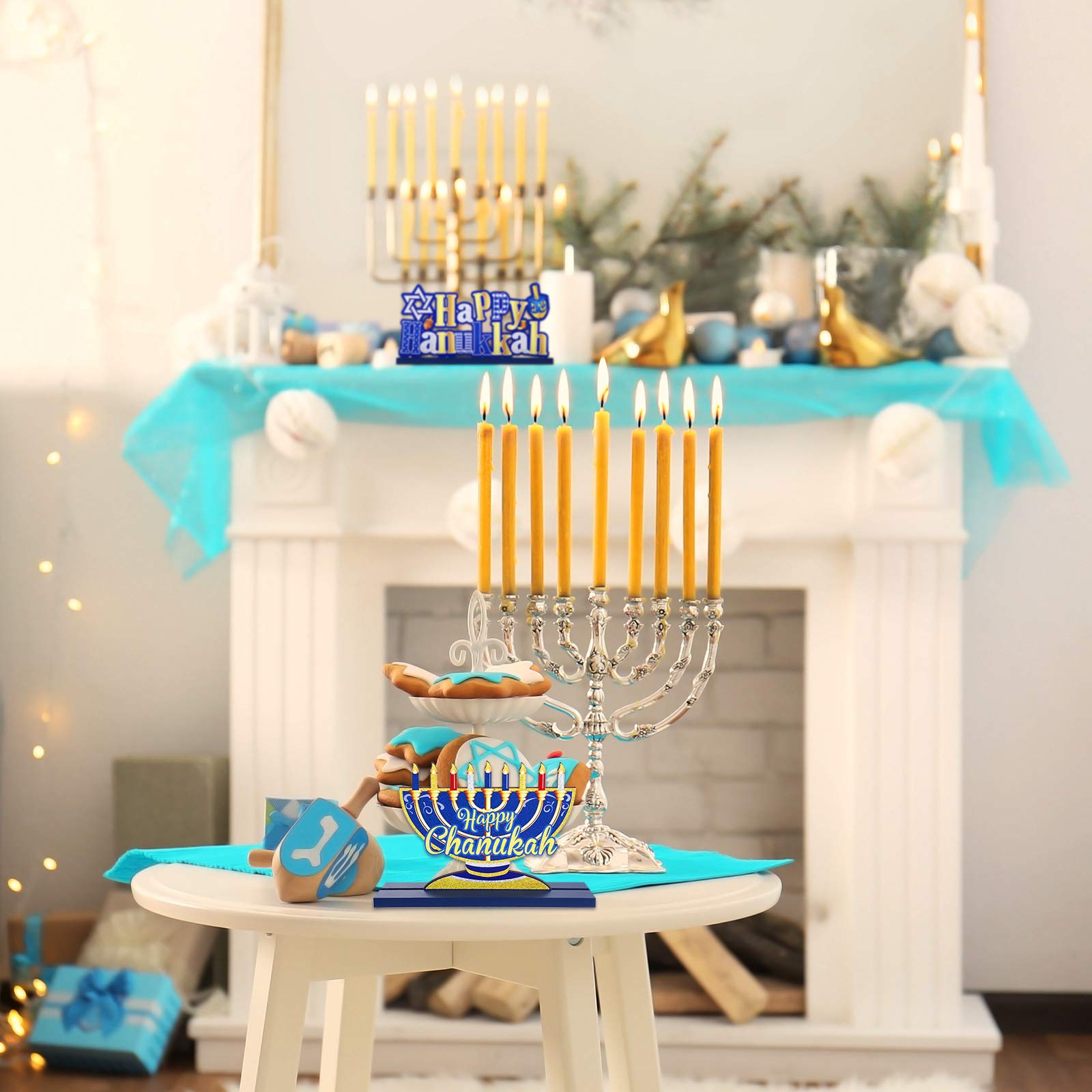 Wooden Menorah Sign & Dreidel Hanukkah Table Centerpiece - 3-Piece Set for Winter Snow Day, Chanukkah Party, Dinner & Coffee Tier Tray Decorations - Perfect for Holiday Home Decor & Jewish Festival Celebrations