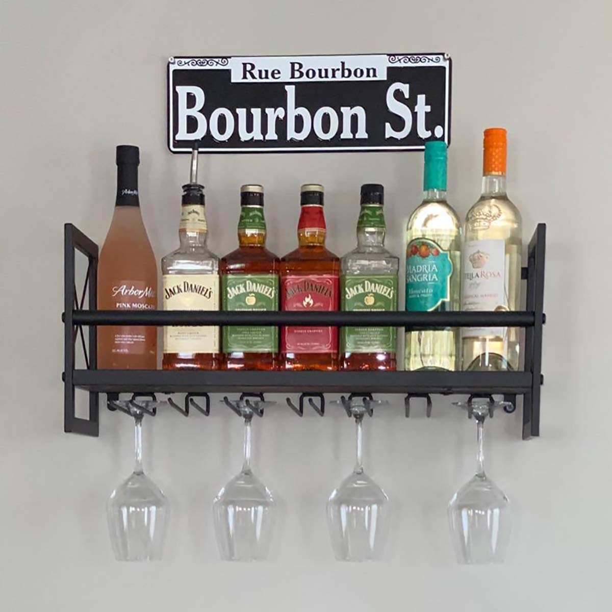MBQQ Industrial Wall Mounted Wine Rack with Stemware Holders - 23.6 Inch Rustic Metal Hanging Wine Bottle Organizer with 7 Glass Holders & Wood Shelves - Perfect for Kitchen, Dining Room, Bar, and Home Decor