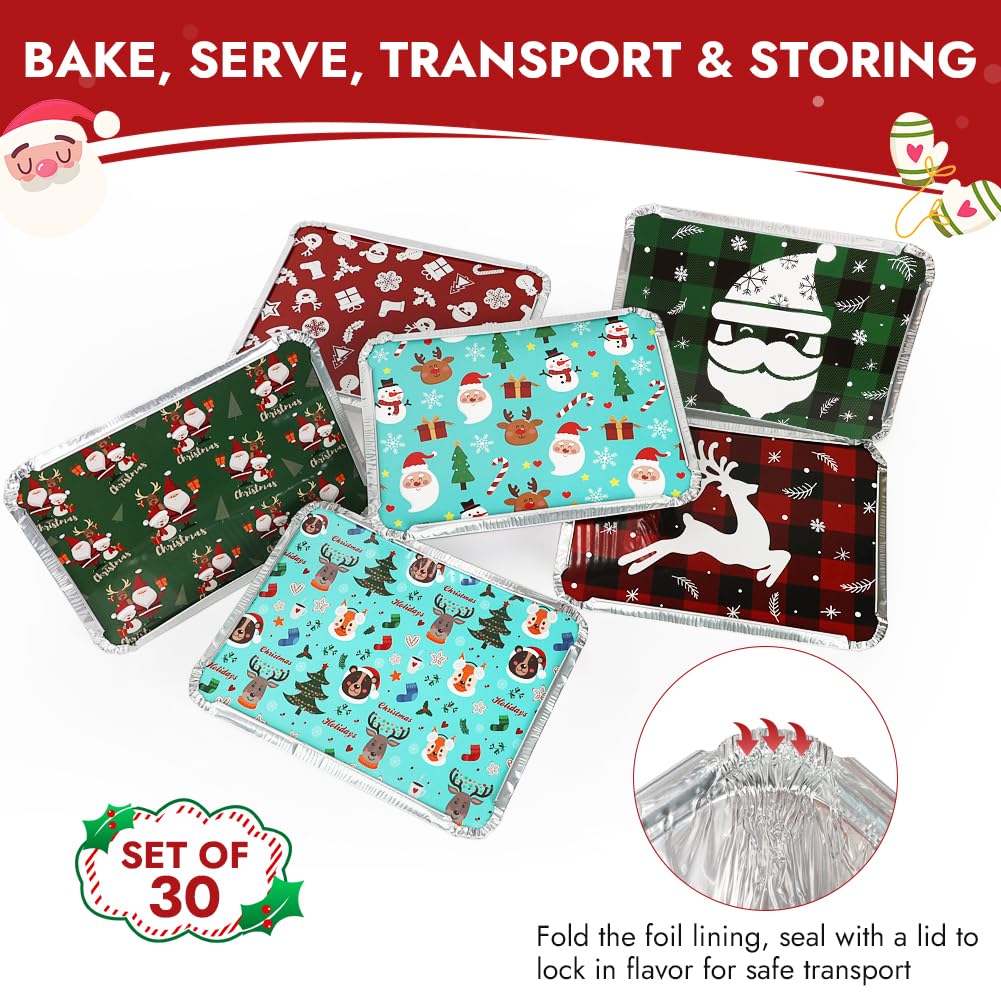 BYKITCHEN 30-Pack Christmas Aluminum Baking Pans with Lids - 8.4x6.1 Inch Rectangular Disposable Foil Cookie, Candy & Treat Containers for Holiday Food Storage, Gift Giving & Party Favors - Perfect for Christmas Baking, Cookie Exchanges & Holiday Treat Packaging