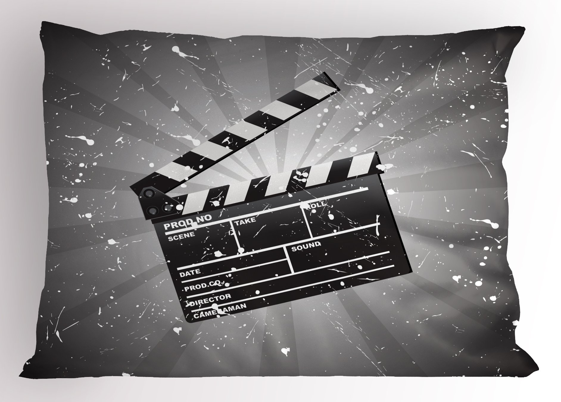 Ambesonne Movie Theater Pillow Sham - Vintage Clapper Board Design with Grunge Effect, Standard Queen Size Decorative Pillowcase (30x20 Inches) in White Black & Grey - Perfect for Home Theater Decor, Film Buff Gifts & Cozy Movie Nights