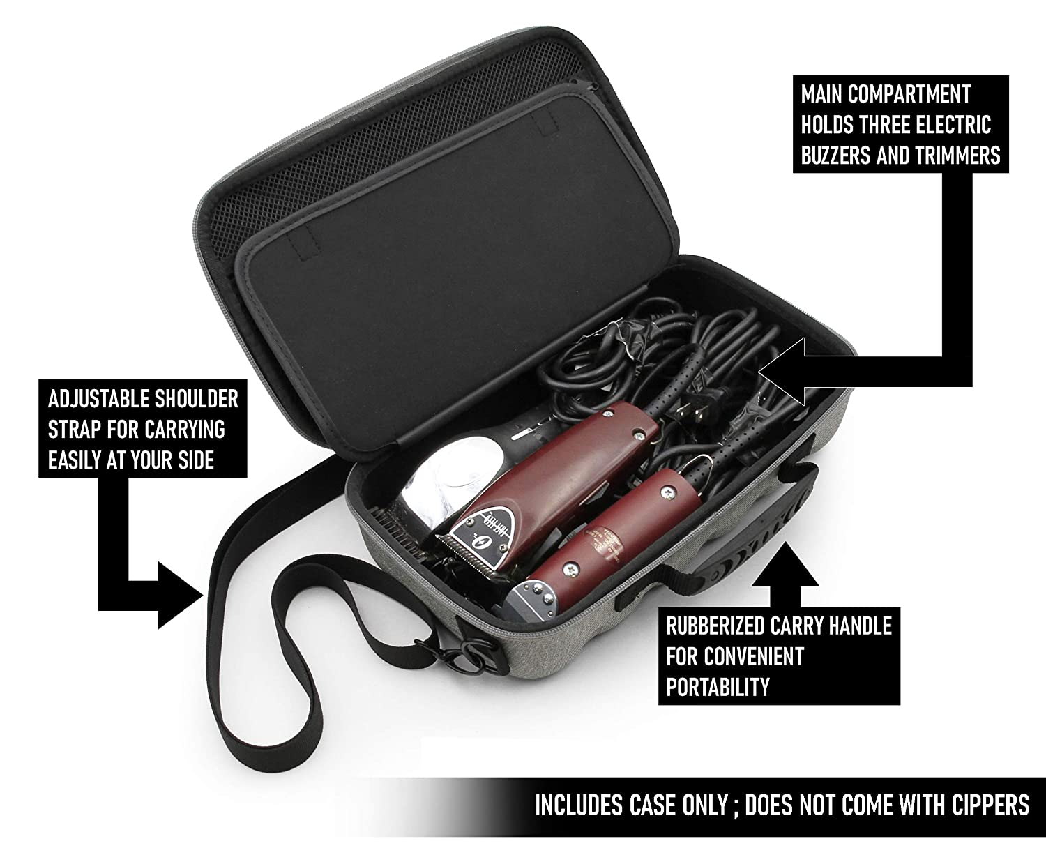 CASEMATIX Professional Hair Clipper Case - Holds 3 Electric Clippers, Trimmers & Hair Buzzers with T-Finishers - Durable Storage Organizer for Barbers & Stylists - Perfect for Salon, Home or Travel Use