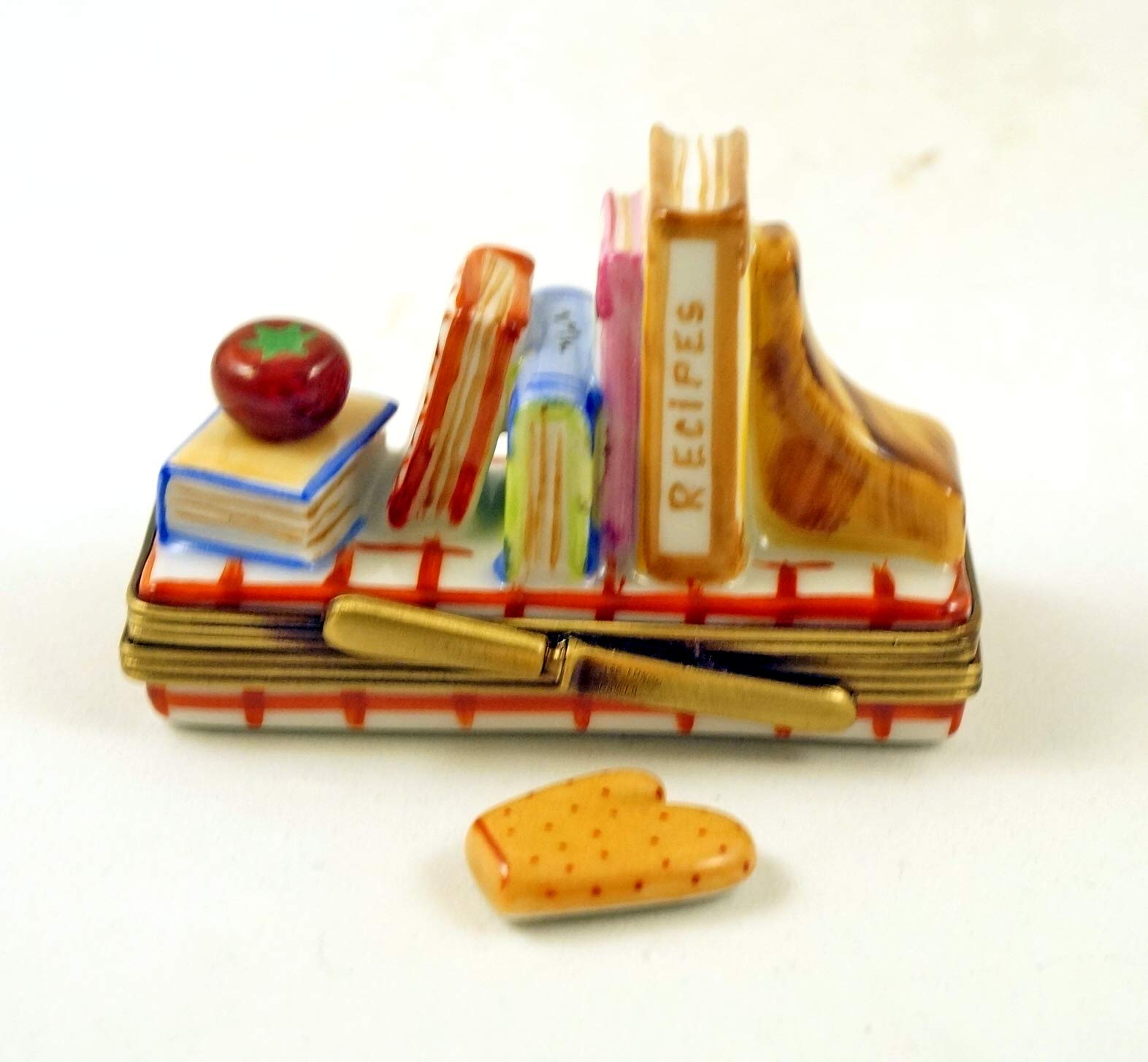 Hand-Painted Authentic Limoges Porcelain Trinket Box - French Collectible Book Shelf Design with Cook Books & Tomato Pot Holder - Perfect for Home Decor, Gift Giving & Kitchen Organization