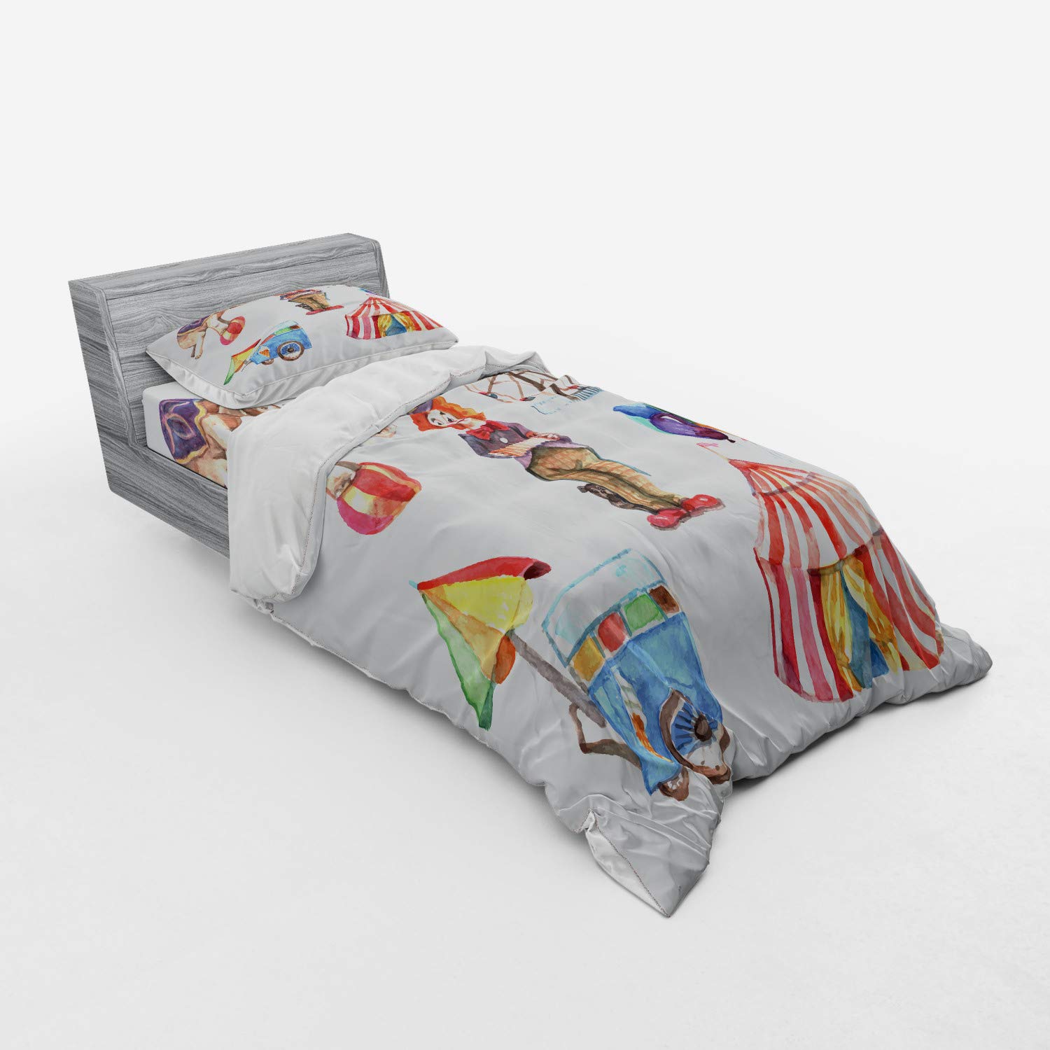 Ambesonne Circus Duvet Cover Set - Watercolor Illustration with Clown, Elephant, Balloons & Ice Cream Cart | 3-Piece Twin XL Bedding Set with Sham & Fitted Sheet | Perfect for Kids' Rooms, Themed Bedrooms & Circus Lovers