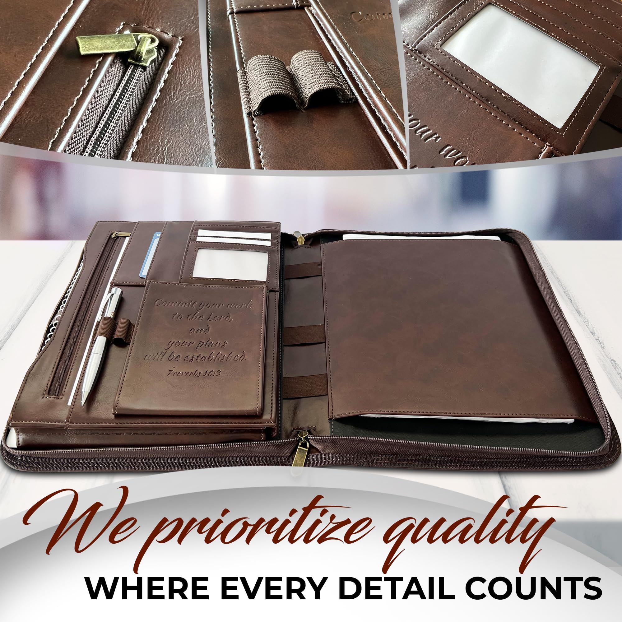 Premium DEHITE Leather Portfolio for Men & Women - Christian Religious Gifts, Zippered Bible Notebook Organizer with Laptop Pocket - Full Grain Brown Leather Padfolio - Perfect for Church, Bible Study, Business Meetings & Office Organization (Letter Size)