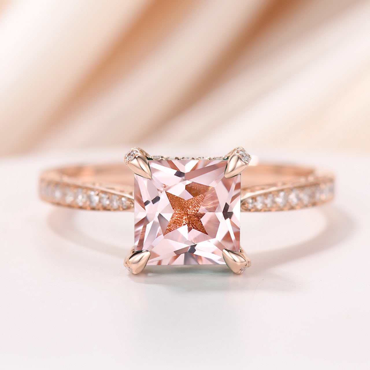 Exquisite Morganite Princess Cut Diamond Side Stone Engagement Ring with Filigree Tapered Diamond Band - Perfect for Proposals, Anniversaries & Romantic Occasions