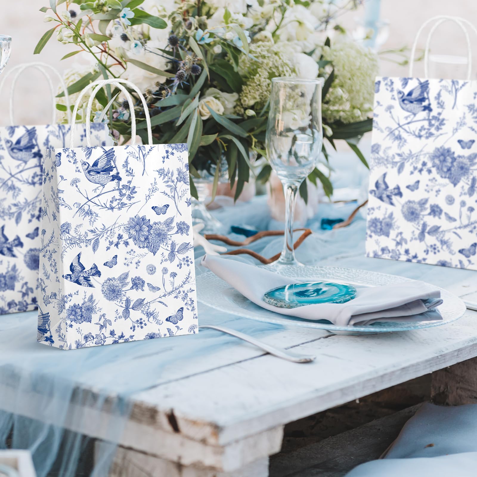 16Pcs Floral Gift Bags with Handles - Blue & White Chinoiserie Hydrangea Design for Wedding, Birthday Party Favors & Decorative Packaging | Elegant Party Supplies for Bridal Showers, Baby Showers & Special Events