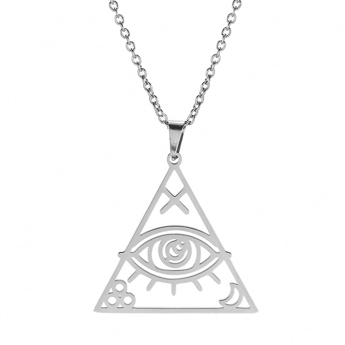 Evil Eye Necklace for Women - Stainless Steel Pyramid Triangle Pendant with Horus Eye & Moon Cross Charm, Elegant Jewelry Gift for Girls | Perfect for Protection, Spiritual Healing & Boho Fashion Accessories