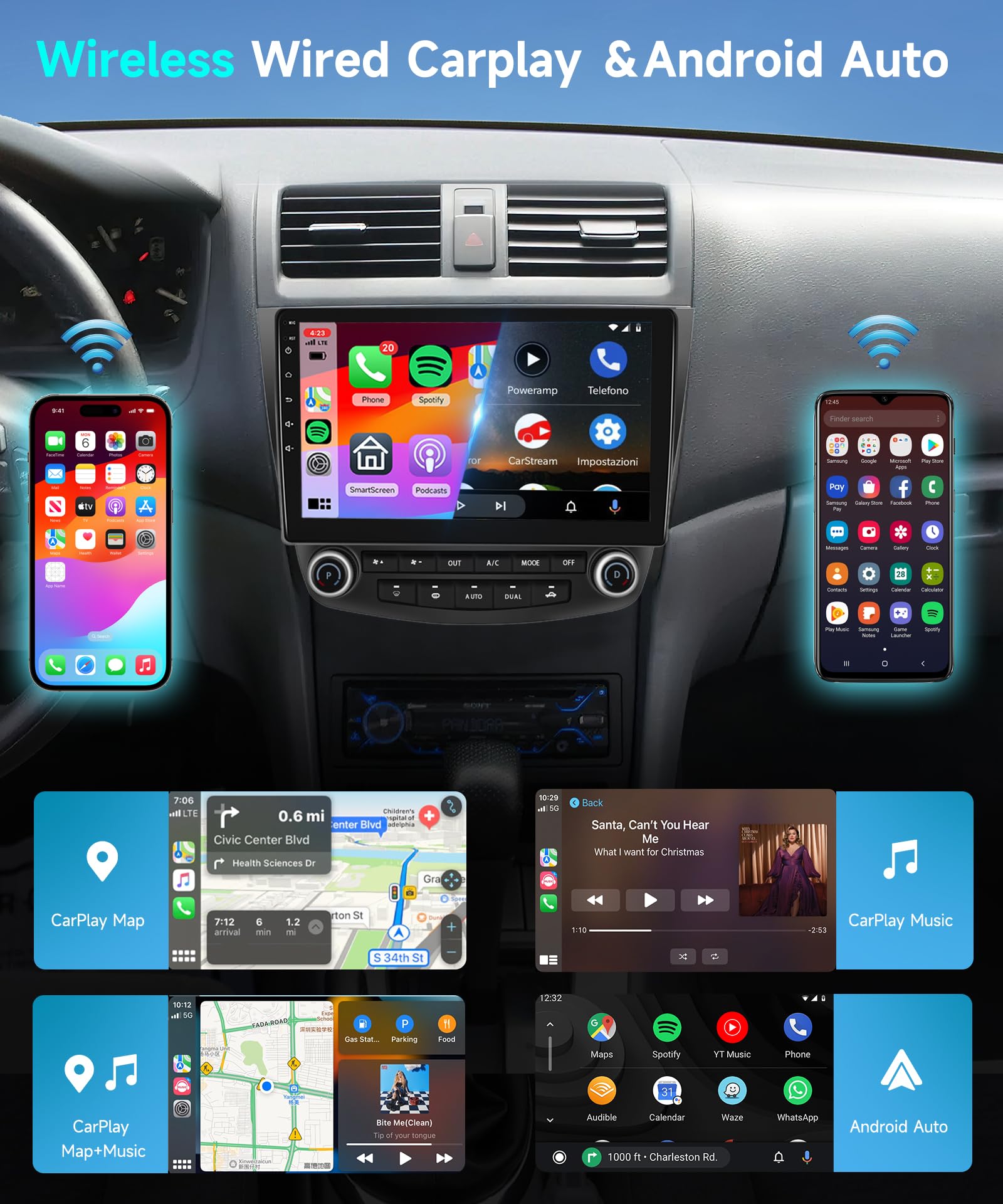 Podofo 10.1 Inch HD IPS Touch Screen Car Stereo for 2003-2007 Honda Accord 7th Gen - Wireless Apple CarPlay & Android Auto, GPS Navigation, Bluetooth, WiFi, HiFi/16 EQ, MirrorLink, FM Radio with Backup Camera | Perfect for Road Trips & Daily Commuting
