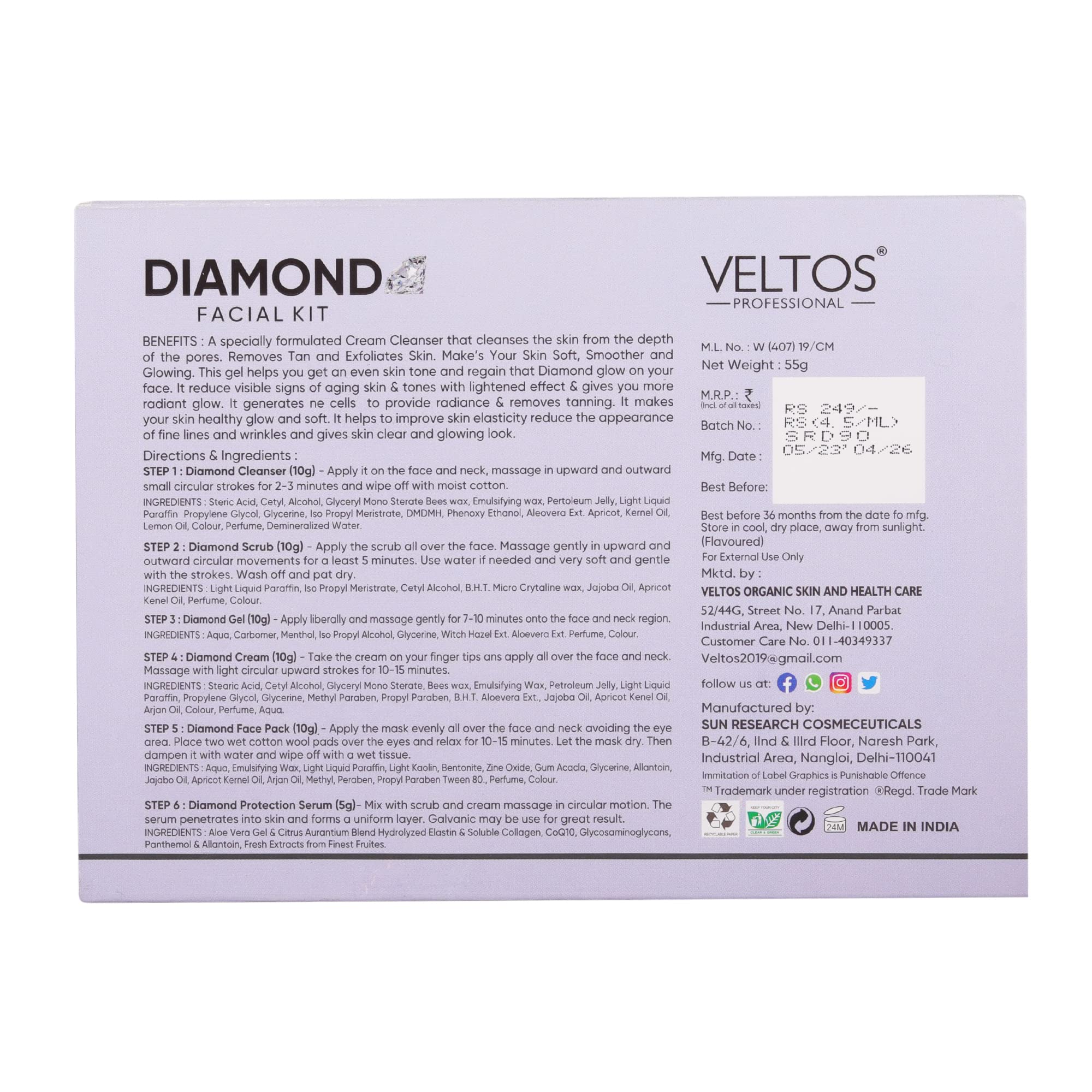 VELTOS Diamond Facial Kit for Skin Polishing & Purification | Exfoliating Facial Kit for Uneven Skin Texture & Instant Glow - 55g | Professional At-Home Spa Treatment for Radiant Skin