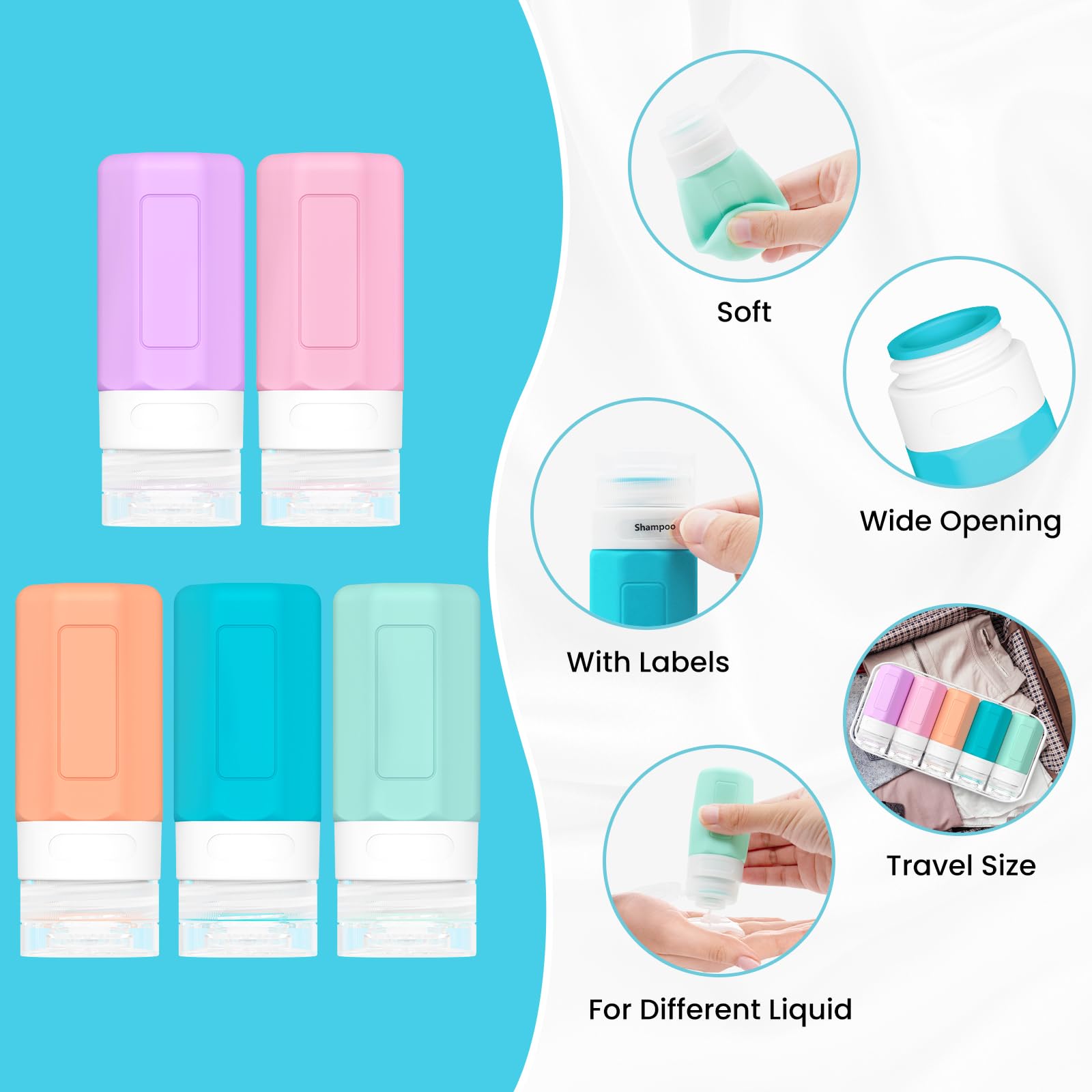 TSA Approved 2oz Leak Proof Silicone Travel Bottles for Shampoo, Conditioner & Lotion - Refillable Squeezable Toiletry Containers for Air Travel, Gym & Vacation Essentials