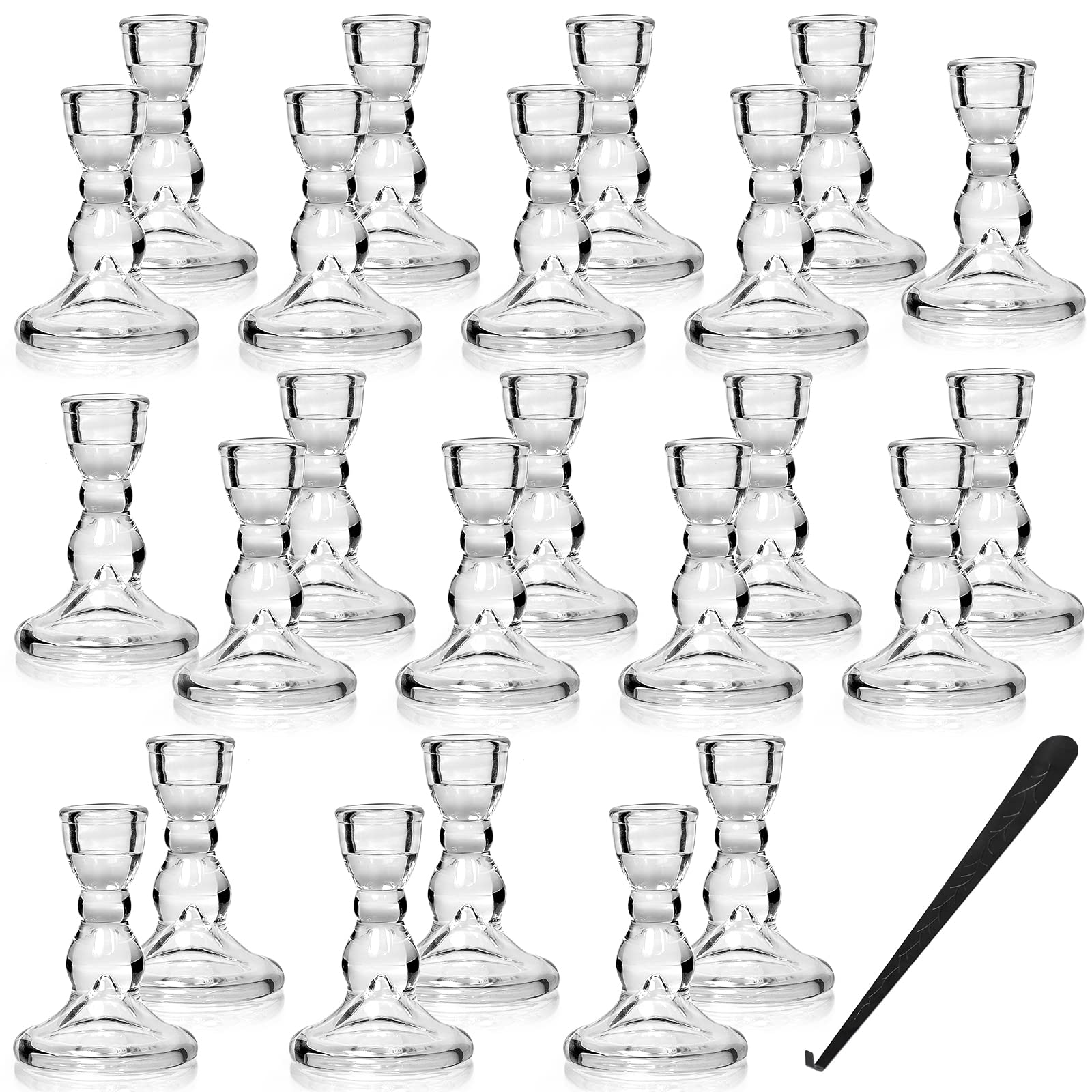 24-Pack Clear Glass Candlestick Holders with Wick Dippers - Bulk Taper Candle Holders Set for Wedding Centerpieces, Valentine's Decor, Party Table Settings & Windowsill Displays - Elegant Glass Candle Holders for Romantic Dinners & Holiday Decorations