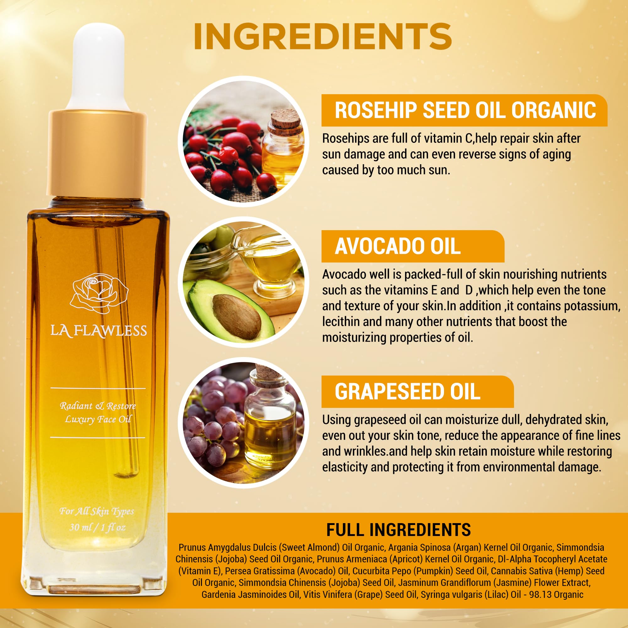 Radiant & Restore Organic Luxury Face Oil - Lightweight Moisturizing Oil for Dry Skin, Anti-Aging, Hydration & Even Skin Tone - Perfect for Night Routine & Daily Skincare Regimen