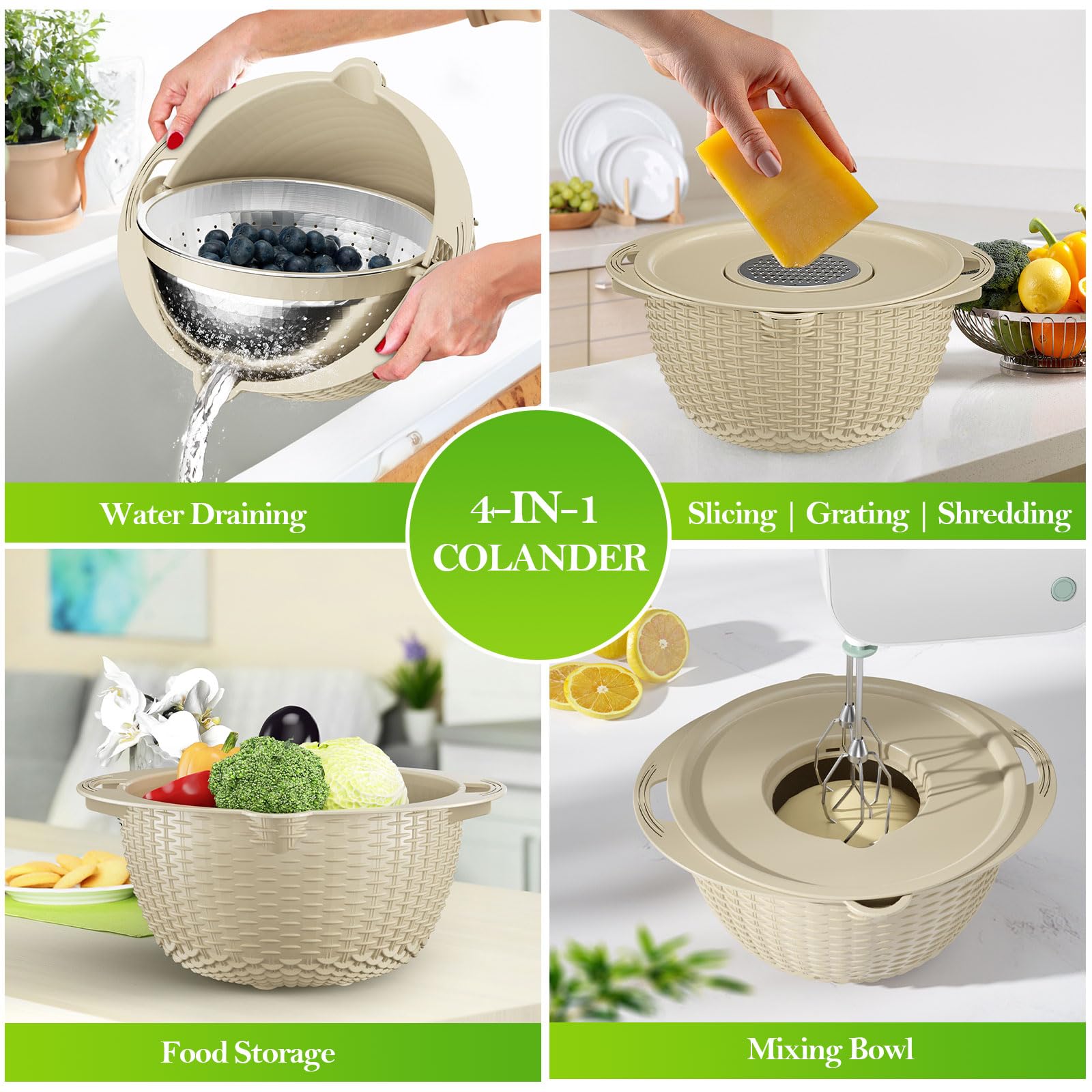 Rotatable 4-in-1 Colander with Bowl Set - Kitchen Strainer for Washing Fruits & Vegetables, Durable Food Colander - Perfect for Meal Prep, Salad Making & Healthy Cooking - Aesthetic Beige Kitchen Gadget Gift for Women