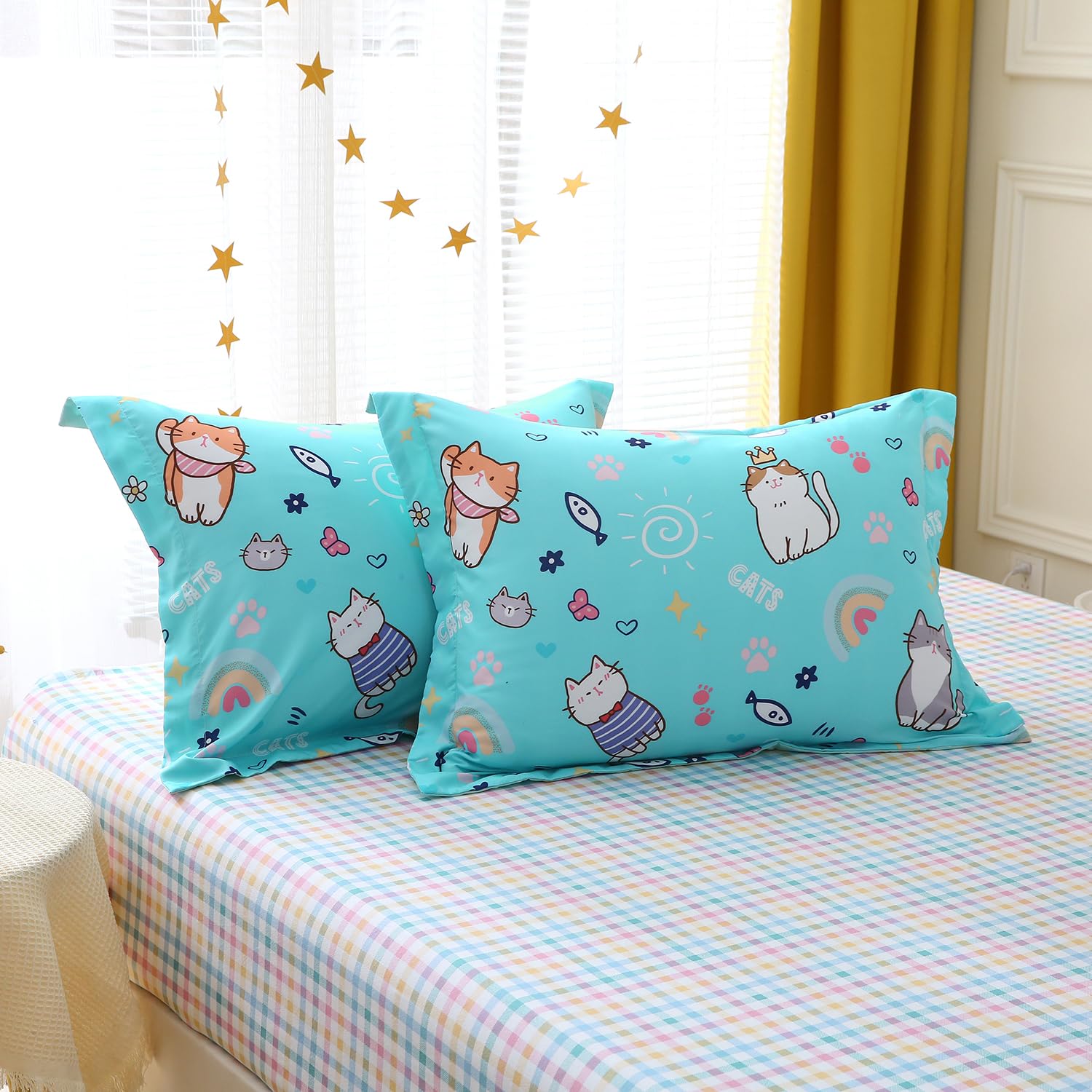 Cute Kawaii Cats Comforter Set - Twin Size 7-Piece Bedding for Kids & Teens - Soft Cartoon Animal Fish Butterfly Rainbow Star Sun Heart Design - Lightweight All-Season Comfort - Perfect for Bedrooms, Dorms, Sleepovers & Gifts