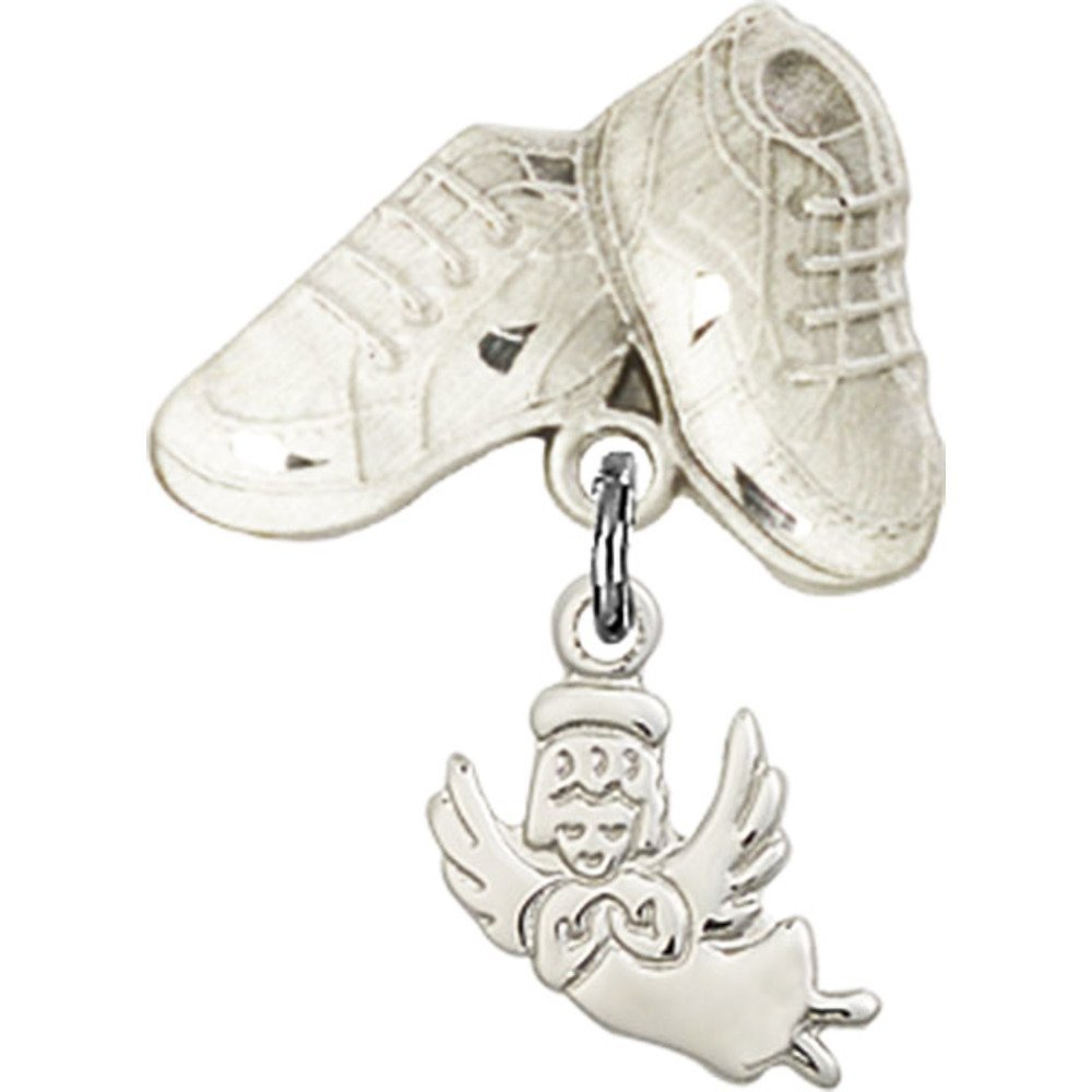 Guardian Angel Sterling Silver Baby Badge with Baby Boots Charm - 1 X 5/8 Inch - Perfect for Christening Gifts, Baby Showers & Keepsake Jewelry