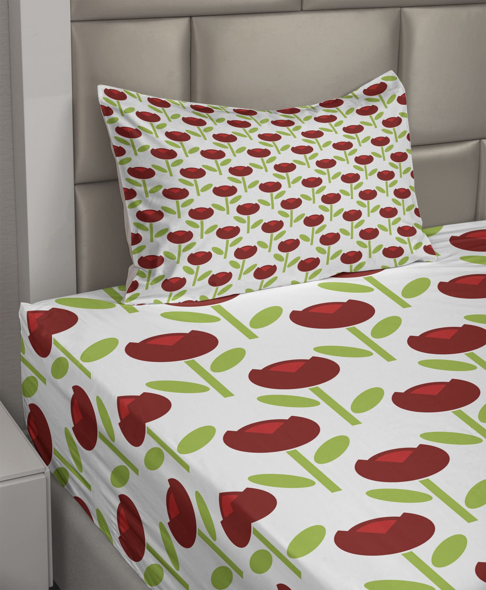 Ambesonne Floral Sheet Set 3-Piece - Twin Size Burgundy Tulips Print on White & Lime Green Backdrop | Soft Fitted & Flat Sheets with Pillowcase | Perfect for Guest Rooms, Dorms & Cozy Bedroom Decor