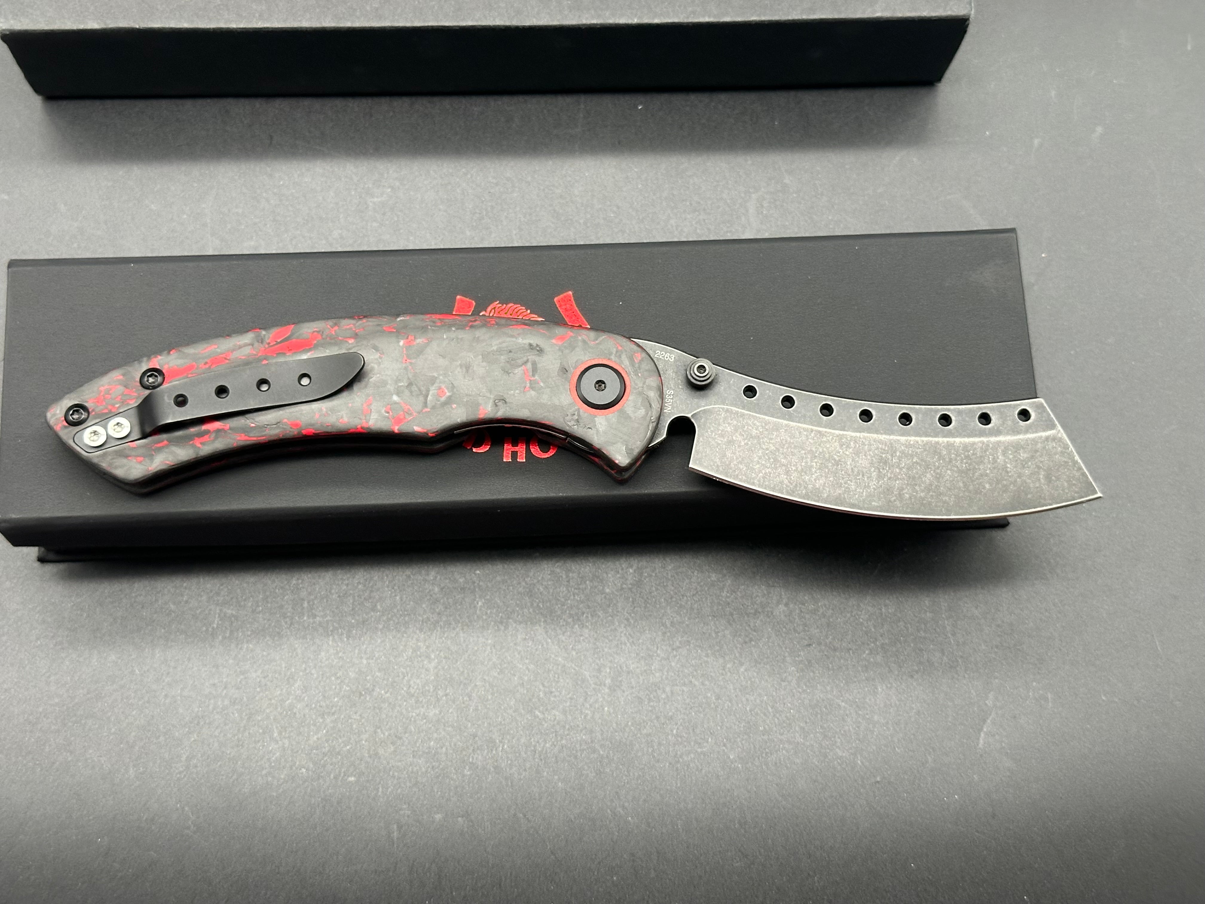 Premium Red Horse Hell Razor P Series Folding Knife - Black/Red Marbled Carbon Fiber Handle & Black Stonewash Blade - Ideal for Outdoor Camping, Hunting, and EDC Survival Gear