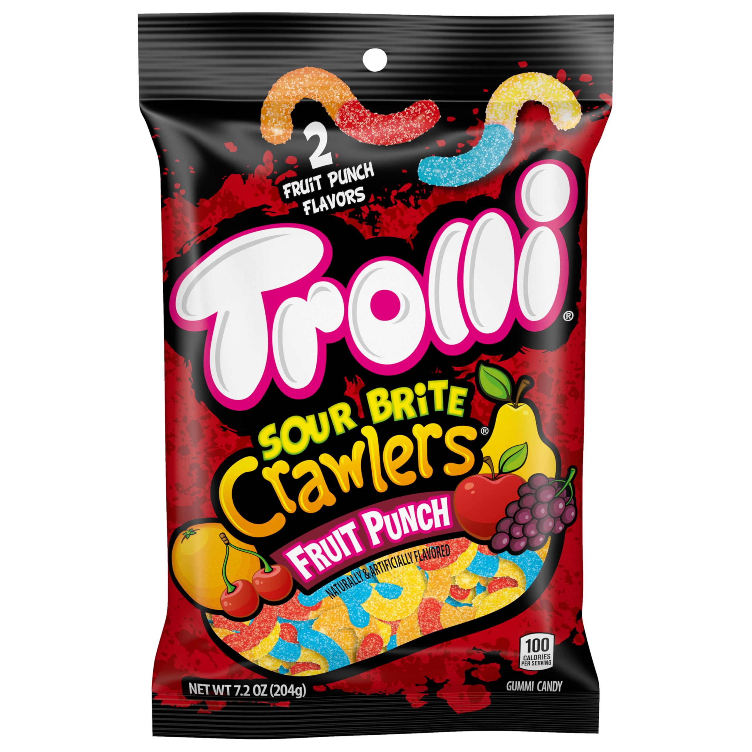 Trolli Sour Brite Crawlers Candy - Fruit Punch Flavored Sour Gummy Worms (7.2 oz) | Bulk Sour Candy for Parties, Halloween Treats & Movie Night Snacks