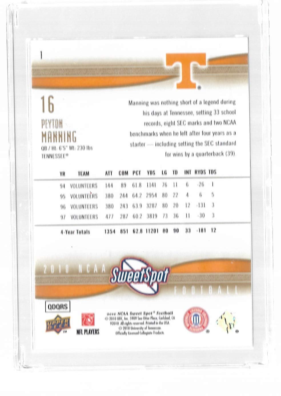 2010 Upper Deck Sweet Spot NCAA Football Card #1 Peyton Manning Tennessee Volunteers - Rare Collectible for Sports Memorabilia Fans & Card Collectors (Perfect for Display, Investment, or Gifting)