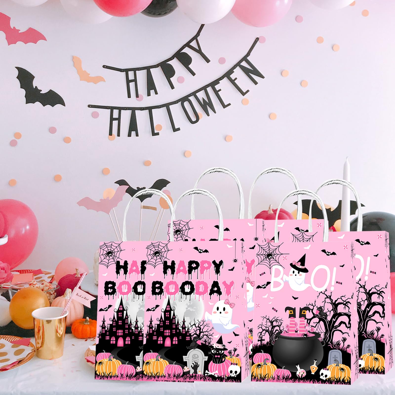 Lecheme 24-Pack Pink Halloween Paper Bags - Happy Booday Trick or Treat Candy Bags for Halloween Parties, Birthday Favors & Gift Giving (Perfect for Classroom Treats, Neighborhood Halloween Events & Party Decorations)