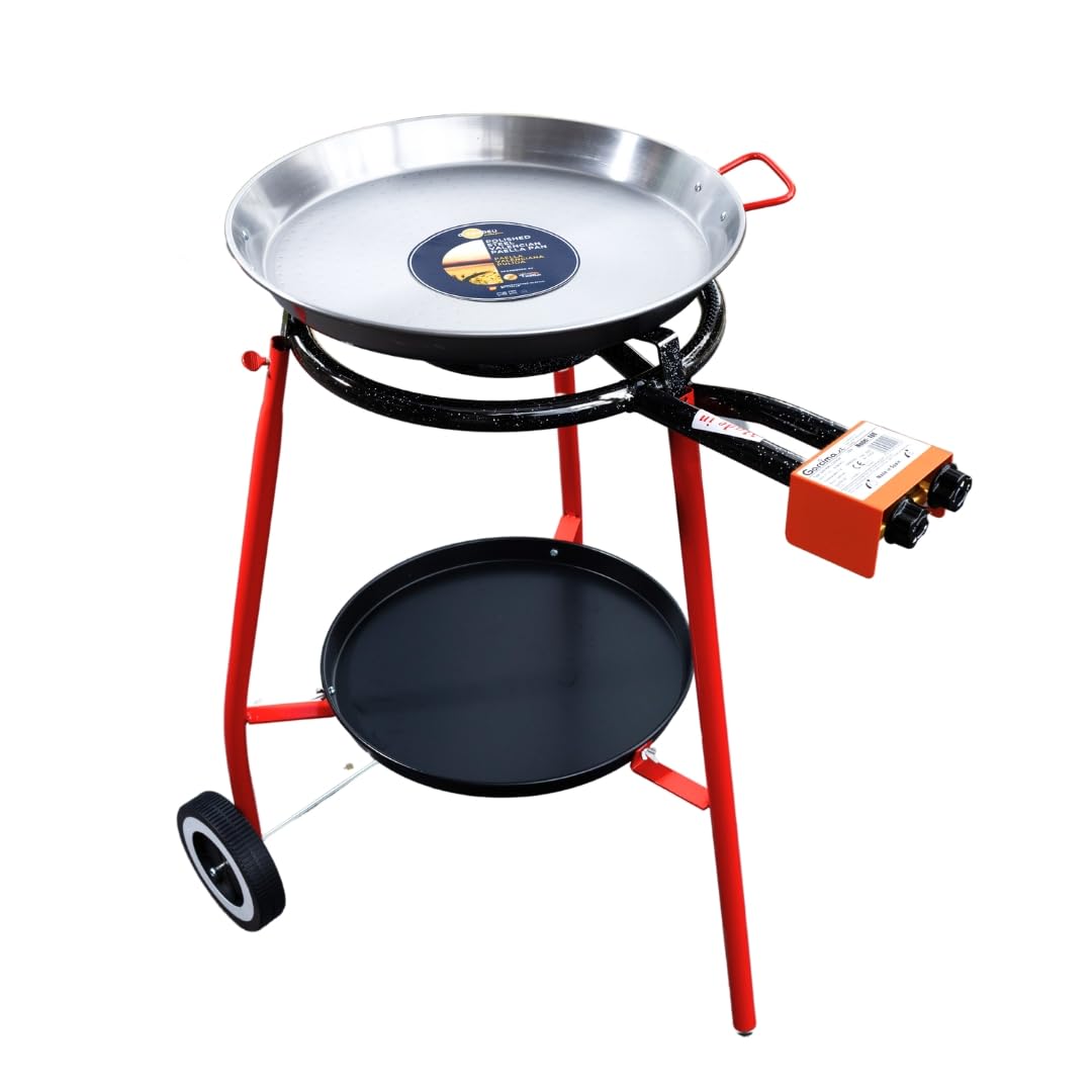 Andreu 18-Inch (46 cm) Carbon Steel Paella Pan Set with Double Ring Propane Gas Burner & Wheeled Stand - 12 Servings | Perfect for Outdoor Cooking, Parties, and Spanish Cuisine