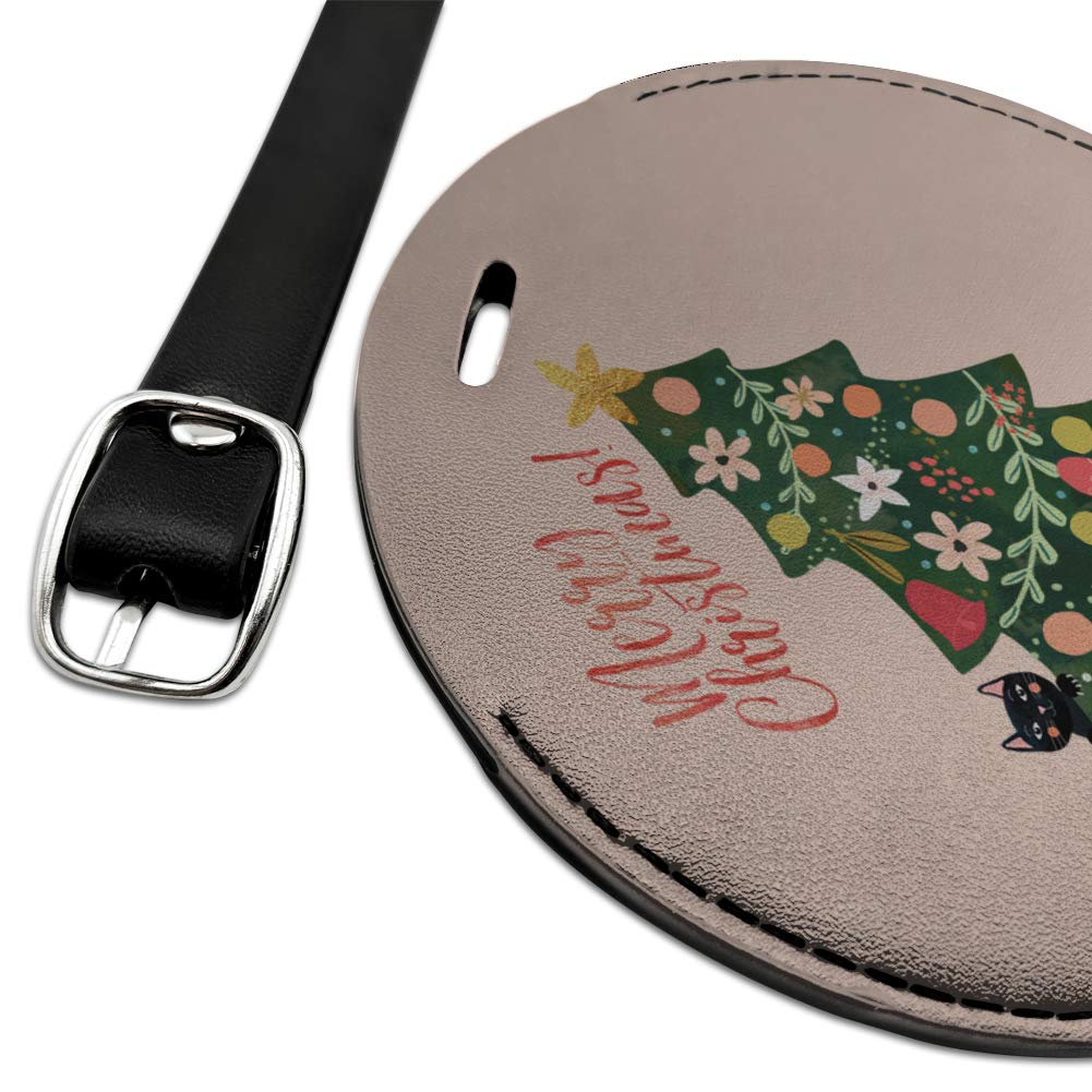 Christmas Tree Cat-Themed Round Leather Luggage Tag - Personalized Carry-On ID Tag for Travel & Suitcases | Perfect Gift for Cat Lovers & Holiday Travelers