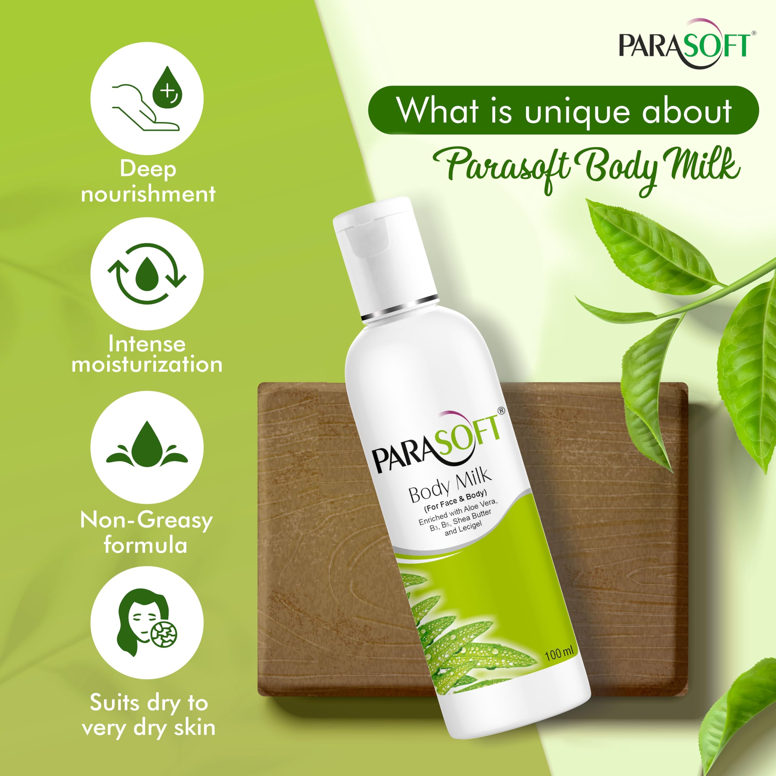 Parasoft Aloe Vera & Shea Butter Body Lotion with Vitamins B3 & B6 - Hydrating Moisturizer for Dry & Acne-Prone Skin | Non-Greasy Face & Body Milk (100ml) | Perfect for Daily Skincare Routine & Post-Shower Hydration