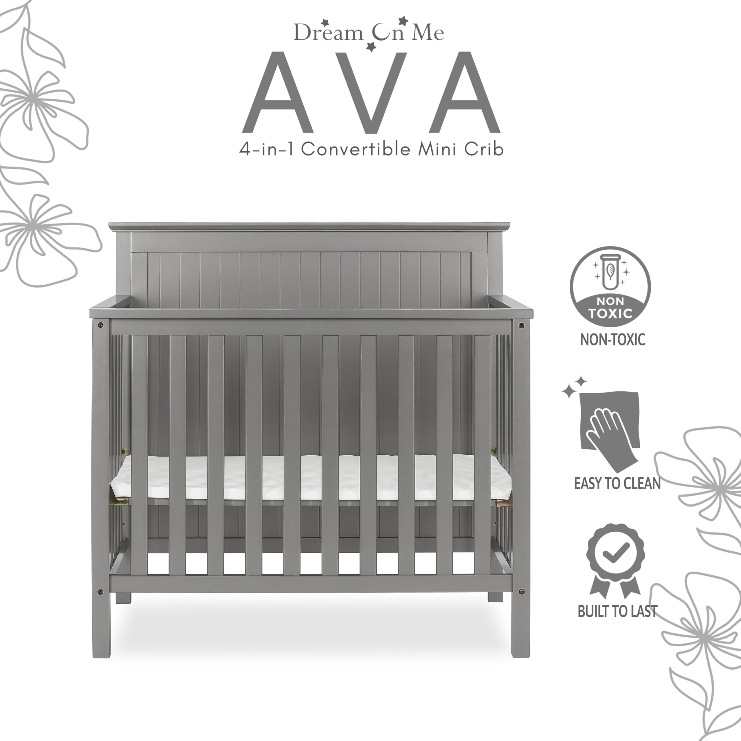 **Dream On Me Ava 4-in-1 Convertible Mini Crib – Steel Grey, Greenguard Gold Certified, Non-Toxic Finish, Includes 1