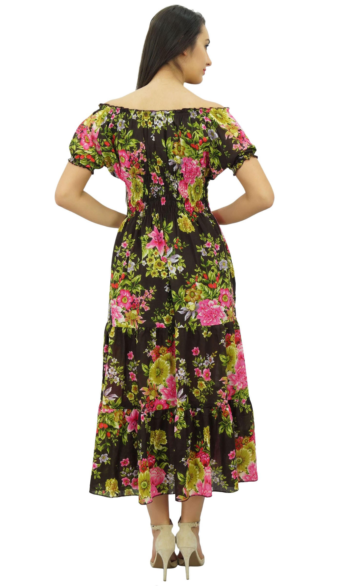 Bimba Women's Printed Off-Shoulder Party Dress with Smocked Waist & Flared Maxi Skirt - Perfect for Evening Events, Weddings & Summer Vacations
