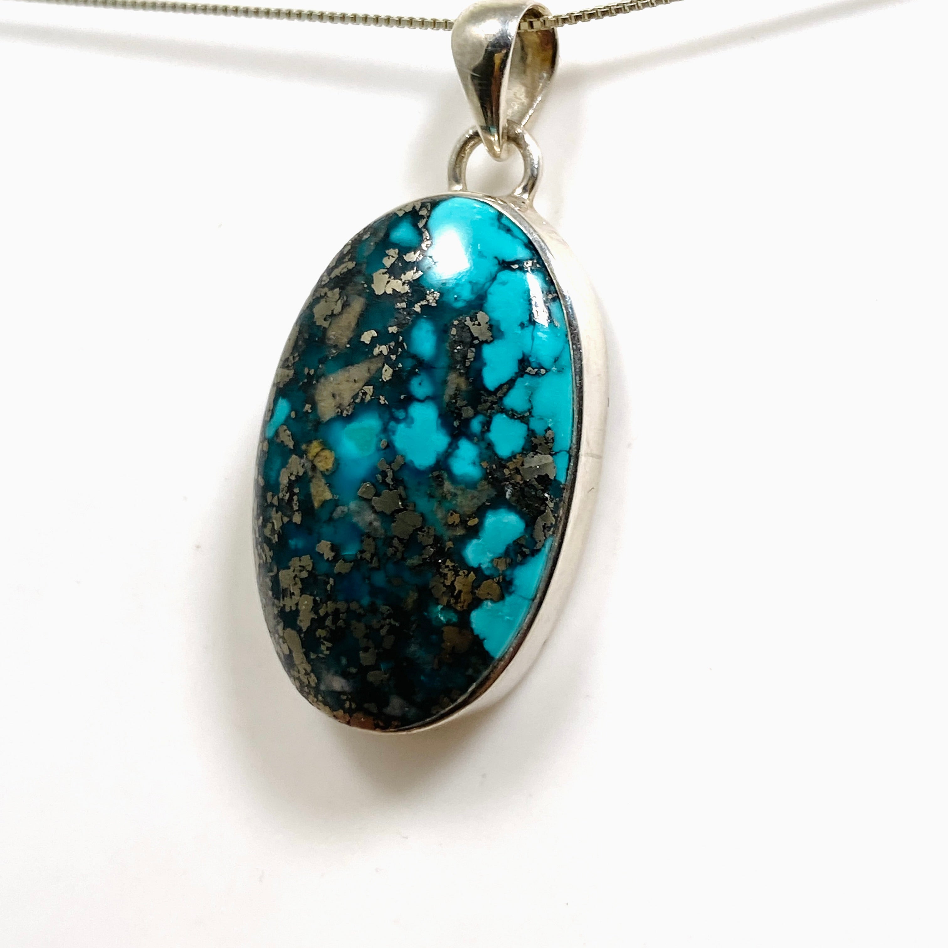 Natural Persian Turquoise with Pyrite Oval Cabochon Pendant - Genuine Iranian Gemstone Jewelry for Women - Perfect for Boho Chic & Southwest Style Outfits