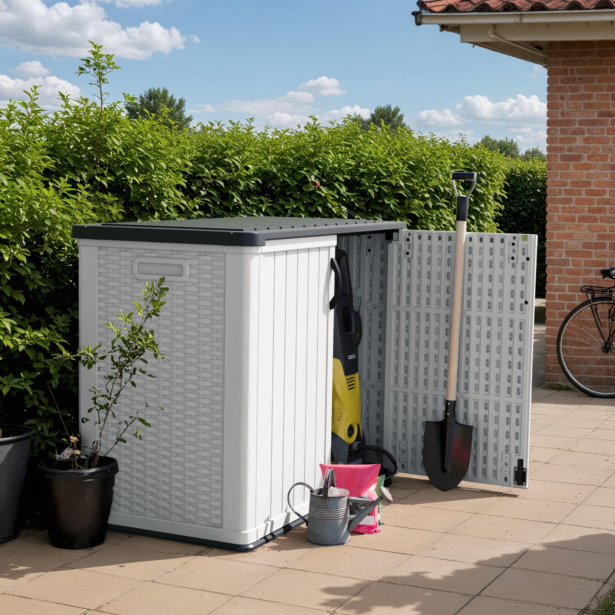 Devoko 26 Cu Ft Outdoor Storage Cabinet with Lockable Doors - Waterproof Horizontal Storage Shed for Patio, Garden Tools, Cushions & Accessories (White) | Perfect for Backyard, Garage & Poolside Organization