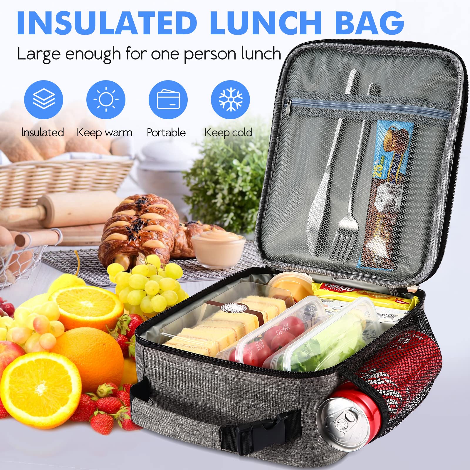 Insulated Lunch Box for Adults - Reusable & Durable Small Lunch Bag for Men & Women, Perfect for Work, School, Picnics & Outdoor Activities (Dark Gray)