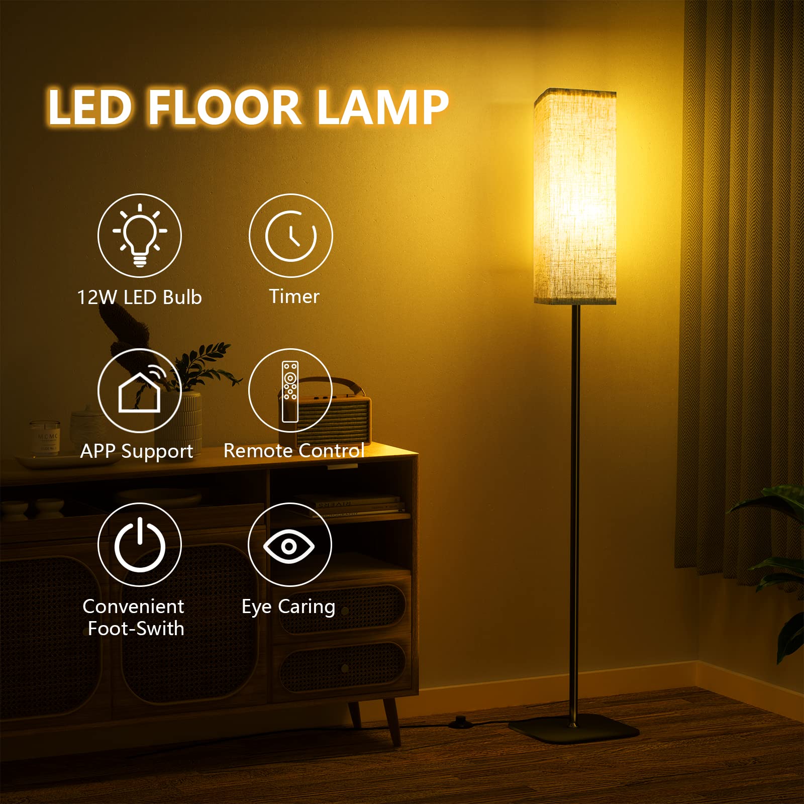 Modern CRLL Floor Lamp for Living Room & Bedroom - Dimmable Standing Lamp with Remote & Foot Switch, 2700K-6500K Adjustable Light, Linen Shade - Perfect Reading Lamp for Home Office, Study or Night Light Use