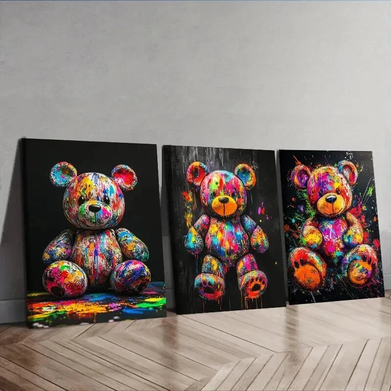 3-Piece Colorful Teddy Bear Graffiti Wall Art Set - Framed Canvas Paintings 50x70cm - High Quality Print - 100% Australian Made - Ready to Hang - Perfect for Kids' Room, Nursery, Playroom & Teen Bedroom Decor