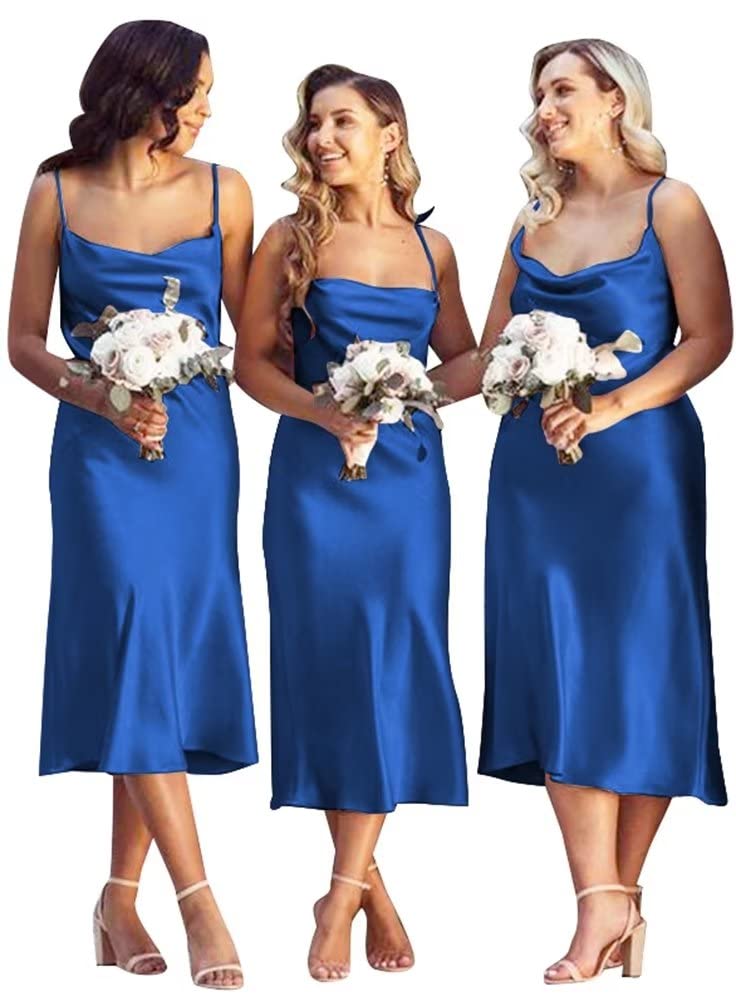Elegant Satin Cowl Neck Spaghetti Strap Bridesmaid Dress | Tea-Length Formal Gown for Wedding Guest | Perfect for Bridal Party, Evening Events & Special Occasions