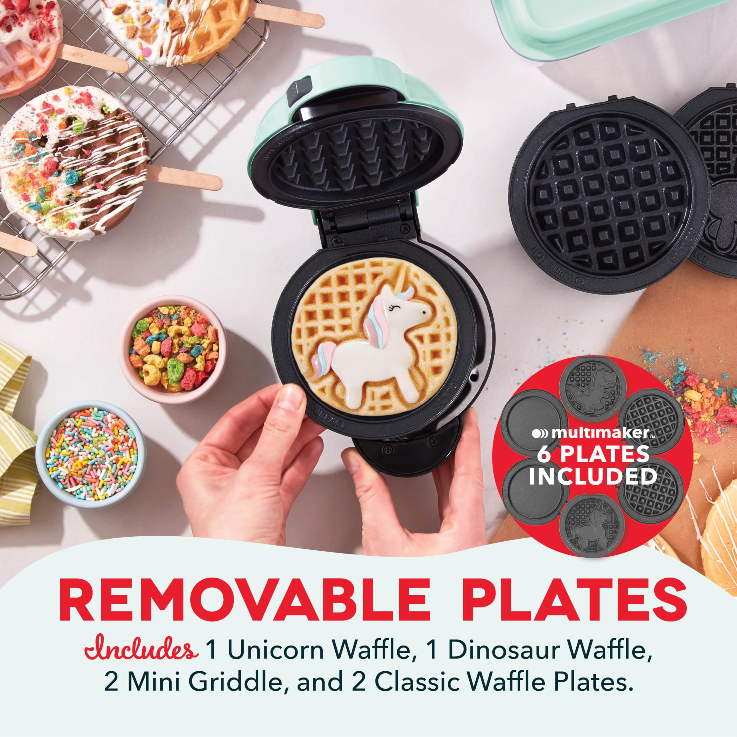 DASH Multimaker Mini System - 4-in-1 Waffle Maker with 6 Removable Nonstick Plates (4-inch), Compact Waffle Iron & Griddle for Kids & Families - Perfect for Breakfast, Snacks, and Party Treats - Aqua Color