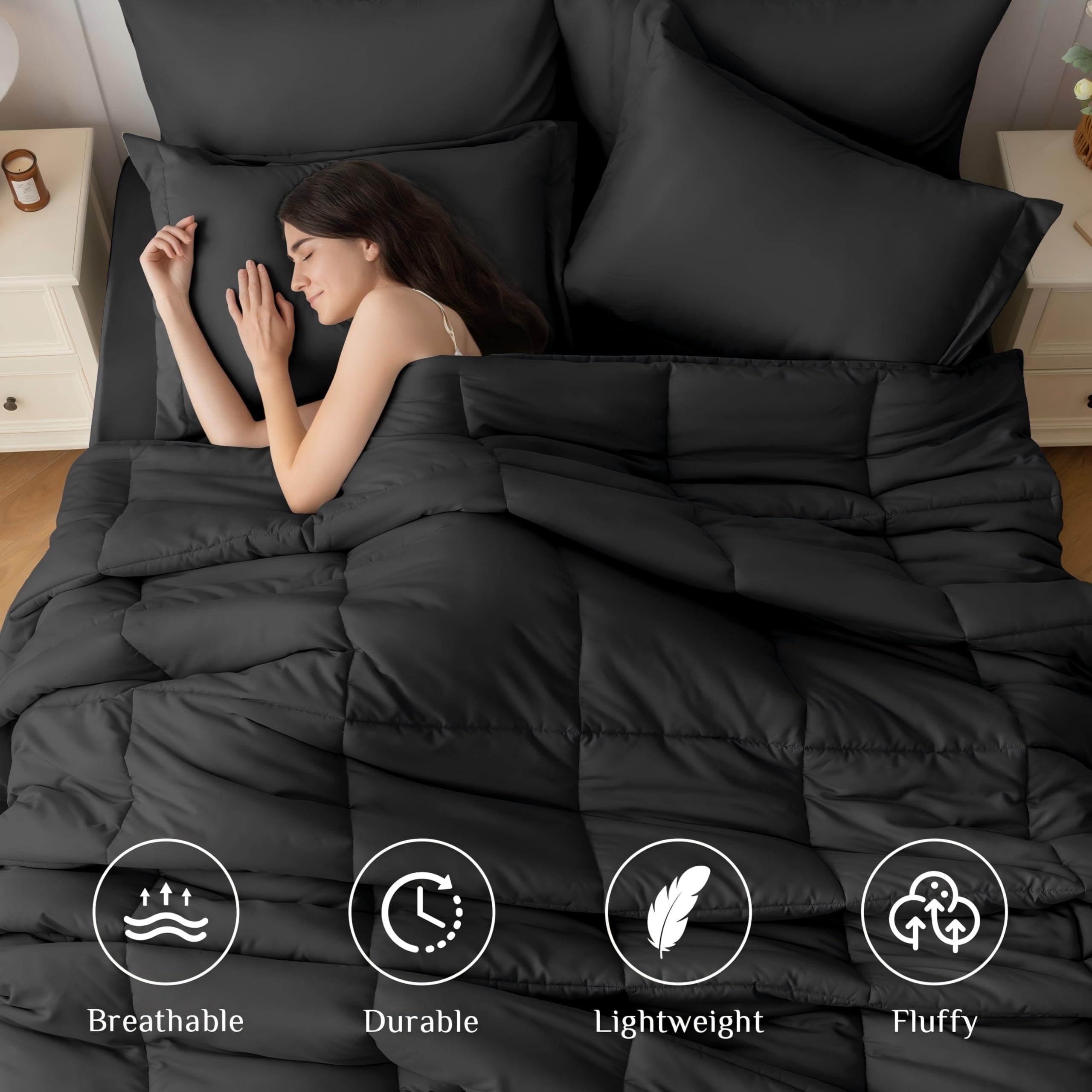 JOLLYVOGUE 7-Piece Queen Comforter Set - Ultra Soft Black Bed in a Bag | Goose Down Alternative | Premium 1800 Series with Comforter, Sheets, Shams & Pillowcases - Perfect for Master Bedroom, Guest Room & Cozy Home Decor