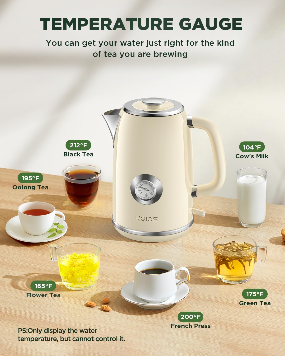 1.8L Electric Kettle with Temperature Control - 1500W Fast Boiling Stainless Steel Tea Kettle - Retro Style with LED Light, Auto Shut-Off & Boil-Dry Protection - Perfect for Home, Office & Tea Enthusiasts