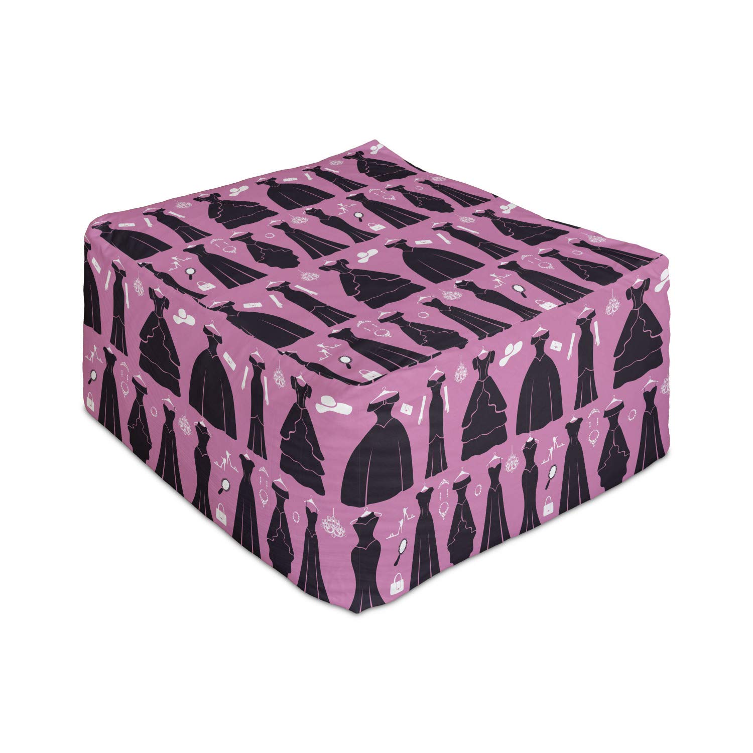 Ambesonne Fashion Rectangle Pouf Ottoman - Repeating Ball Gowns & Cocktail Dresses Print Foot Stool with Removable Cover, 25 Inch Pink Dark Chestnut Brown - Perfect for Living Room, Office & Under Desk Comfort