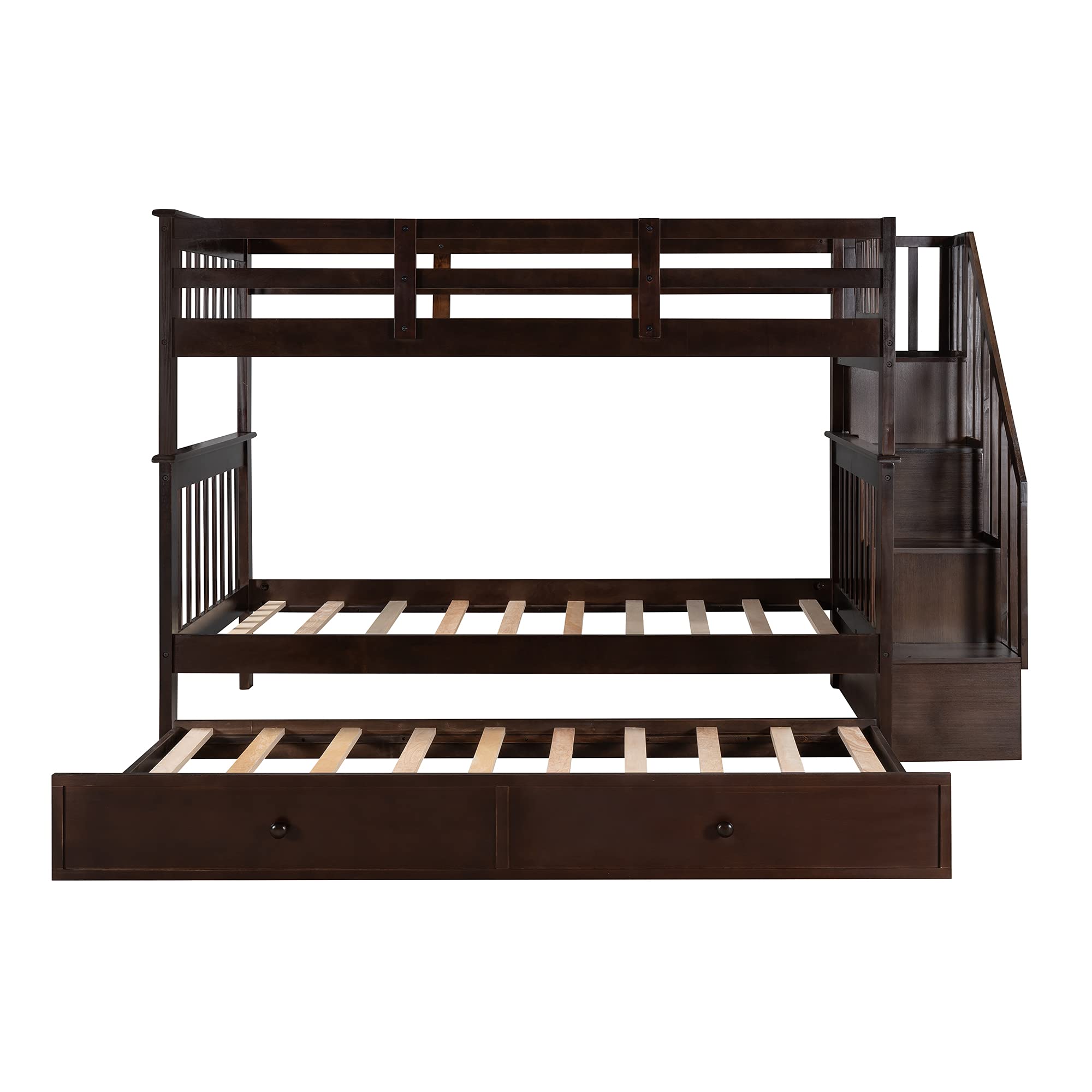 **Twin Over Twin Wooden Bunk Bed with Trundle, Stairs & Open Shelves – Espresso Kids & Teens Bunk Bed for Bedroom, Dorm, Guest Room – Space-Saving & Stylish Sleep Solution**