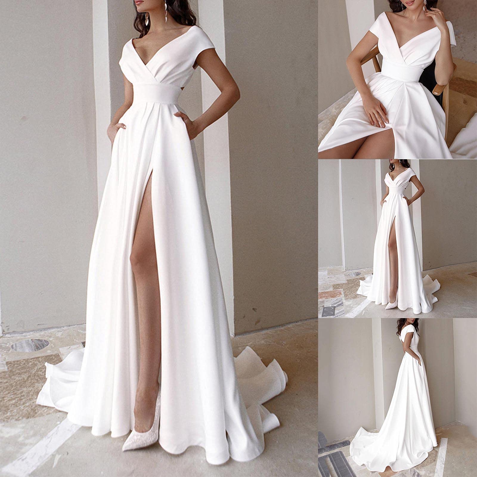 Elegant White Maxi Dress for Women - V-Neck Formal Gown with Sexy Side Slit for Wedding Guest, Party & Evening Events | Perfect for Summer Weddings, Cocktail Parties & Special Occasions